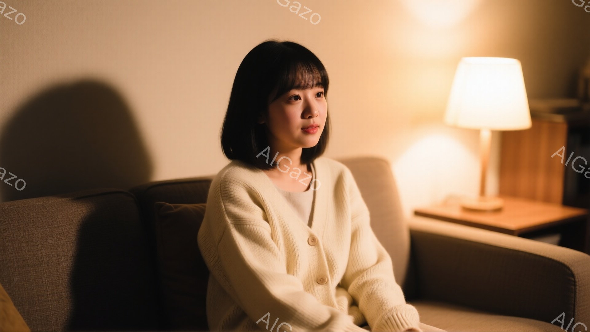 明るい髪の女性がベージュのソファに座っており、クリーム色のカーディガンを着ています。彼女は前髪を少し長めに残した、肩までの長さのダークブラウンのヘアスタイルで、穏やかな表情で何かを考えているようです。背景にはサイドテーブルとランプがあり、暖かく落ち着いた雰囲気を作り出しています。