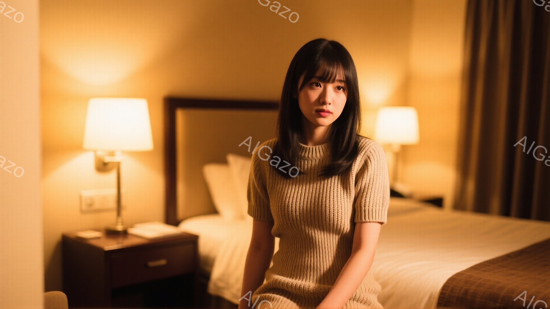 明るい茶色のニットワンピースを着た若い女性が、ベッドに座ってこちらを見ている。彼女は黒髪で前髪が少しあり、穏やかな表情をしている。背景にはベッドとナイトテーブル、そして温かい色の壁とカーテンがあり、リラックスした雰囲気である。