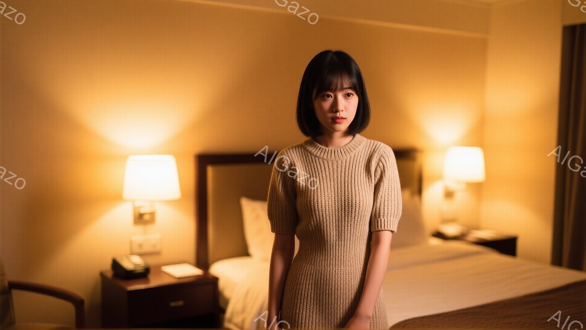 茶色のニットワンピースを着た若い女性が、ホテルの一室で正面を向いている。彼女は黒髪のショートボブで、やや無表情な顔をしている。背景にはベッドとナイトスタンドがあり、オレンジ色の暖かい光で照らされており、全体的に落ち着いた雰囲気である。