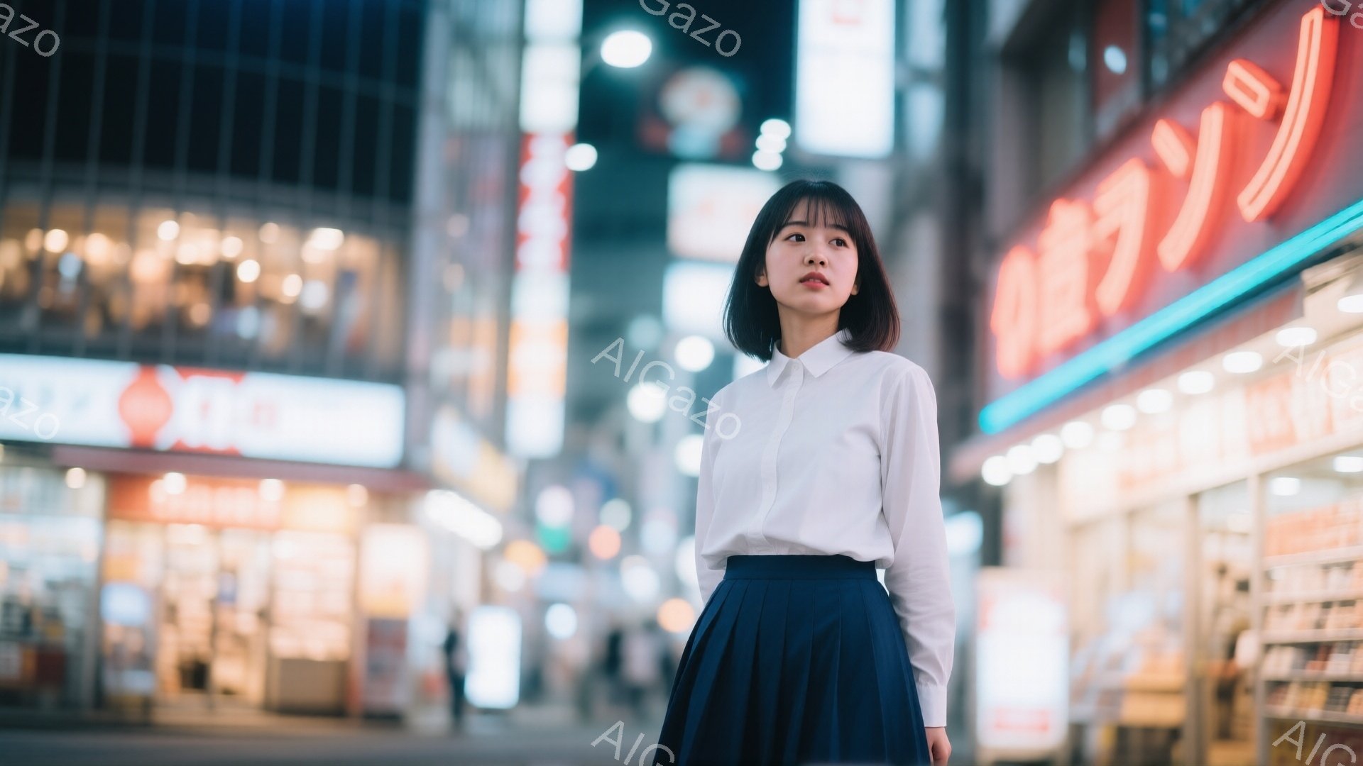 若い女性が夜の街を背景に立っている。彼女は白いシャツに濃い青色のプリーツスカートを着用し、短くダークなヘアスタイルをしている。彼女の表情はやや憂いを帯びており、視線は少し外を向いている。