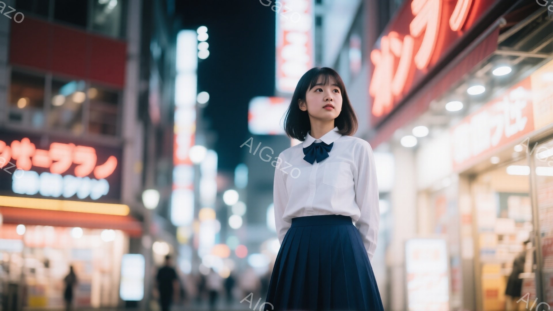 短い茶色の髪に前髪を合わせた若い女性が、白いシャツと紺色のプリーツスカートを着て立っている。彼女は少し上を見ているような姿勢で、表情は穏やかでやや物憂げだ。背景にはネオンサインが輝く賑やかな都市の夜景 - AI生成フリー素材
