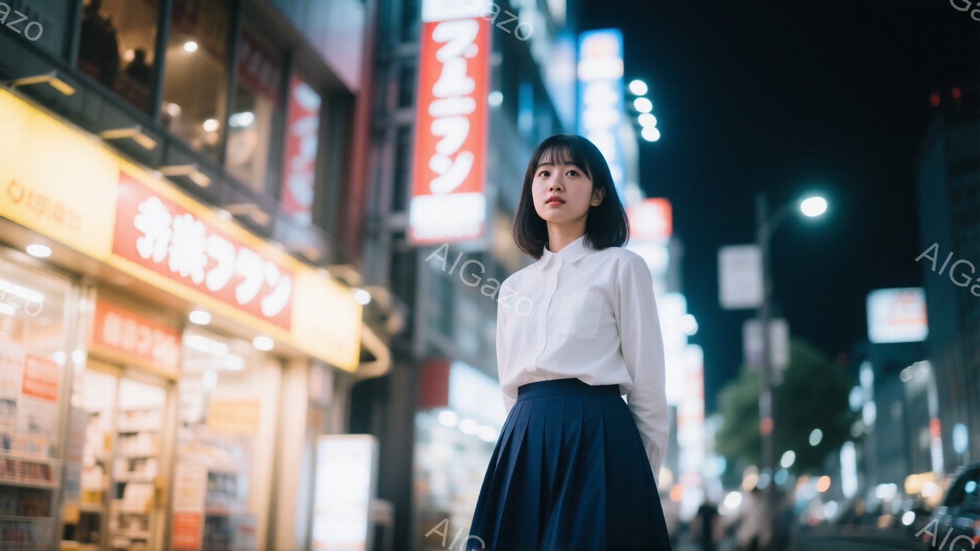 若い女性が夜の街に立っている。白いシャツと紺色のプリーツスカートを着用し、黒髪のショートボブで、やや物憂げな表情をしている。背景にはネオンサインが輝く店舗が並び、夜の喧騒を感じさせるが、女性は静かに立っている様子から、少し孤独な雰囲気が漂う。
