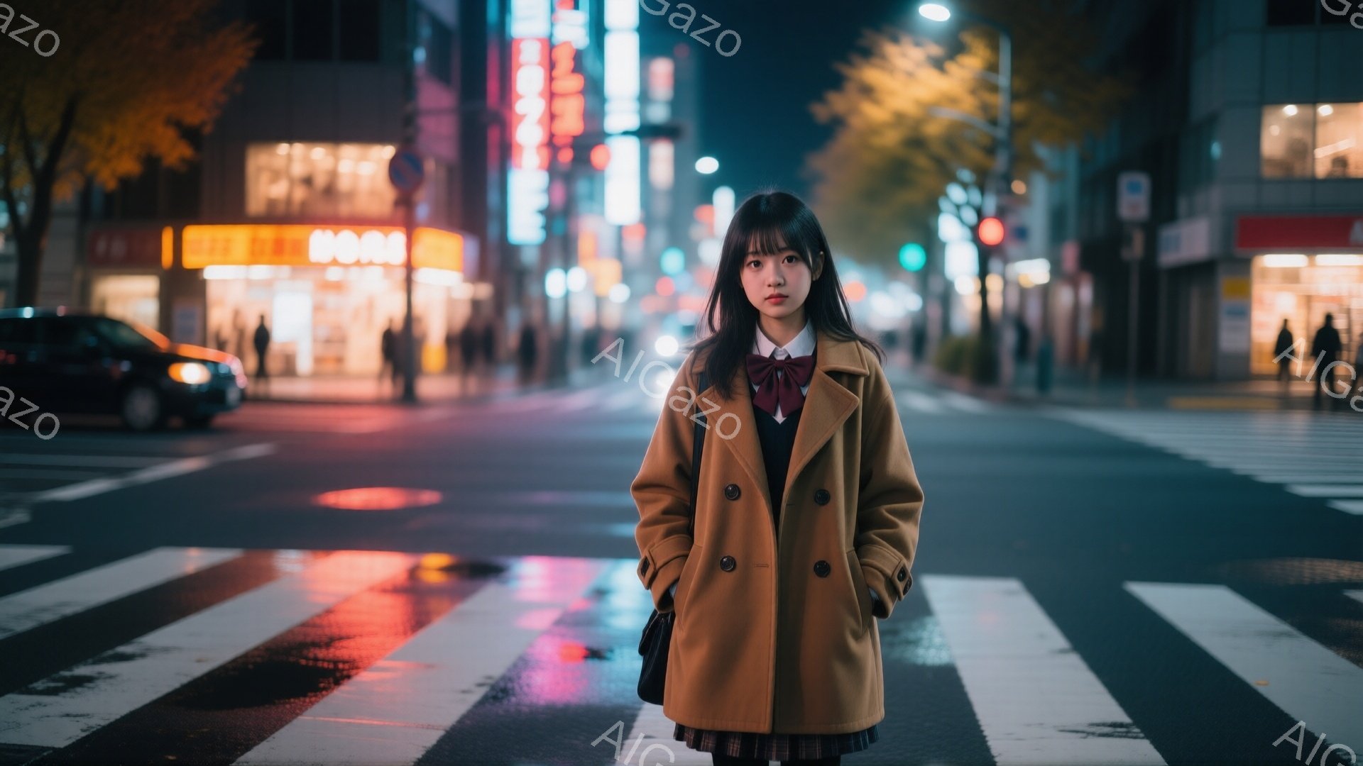 若い女性が、横断歩道の中央に立っている。ベージュ色のコートにチェック柄のスカート、そして白いブラウスと赤いリボンが印象的で、少し物憂げな表情をしている。背景には、夜の街並みと、雨に濡れた道路が広がっており、全体的に少し寂しげでノスタルジックな雰囲気が漂っている。