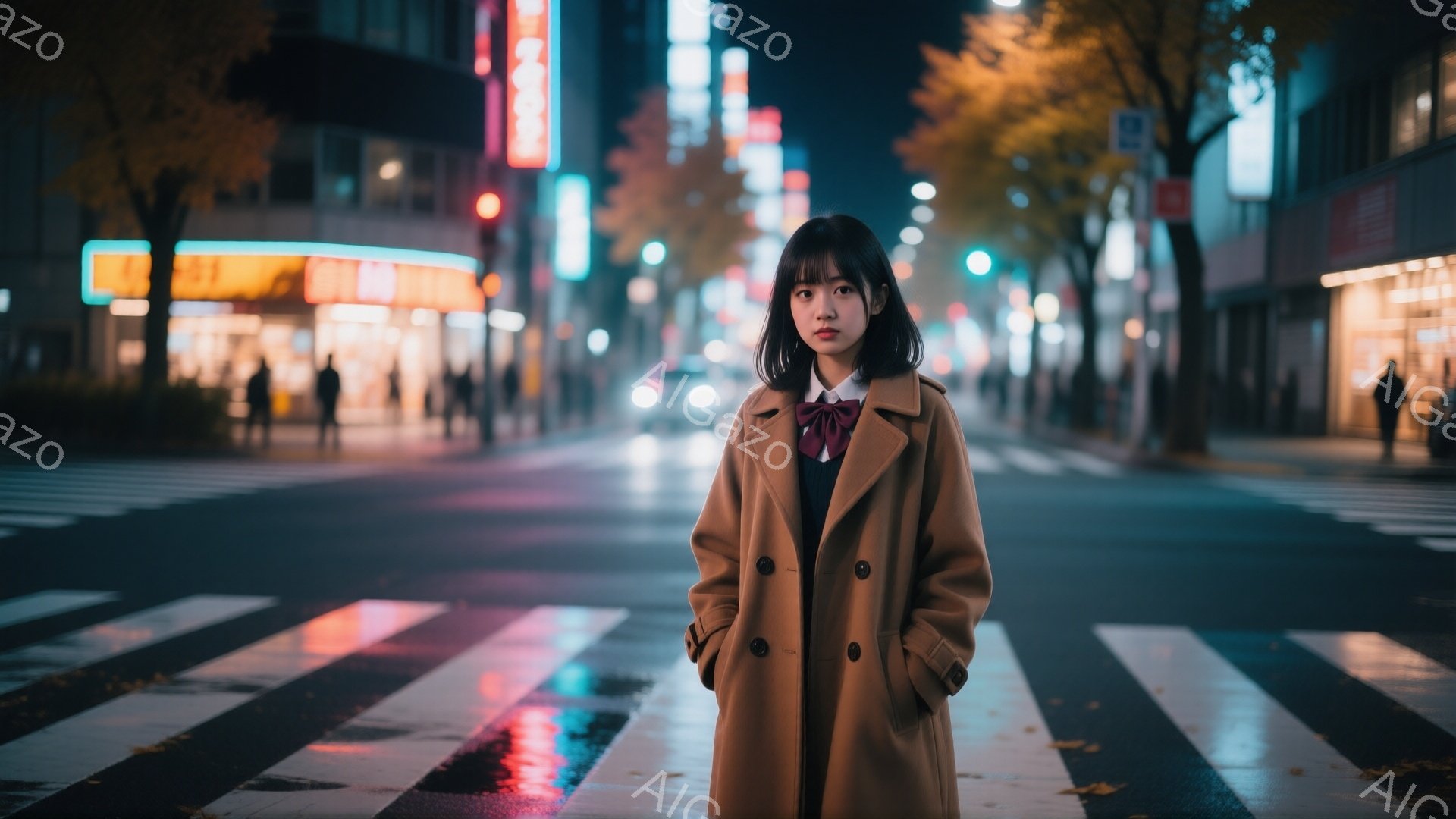 茶髪の短い女性が、ベージュ色のコートと白いシャツ、赤いリボンを付けて、横断歩道の中央に立っている。彼女はわずかに下を向いており、表情はどこか憂いを帯びている。背景には、夜の街並みと光り輝くネオンサイン、そして街路樹が見え、雨上がりの濡れた路面が光を反射している。