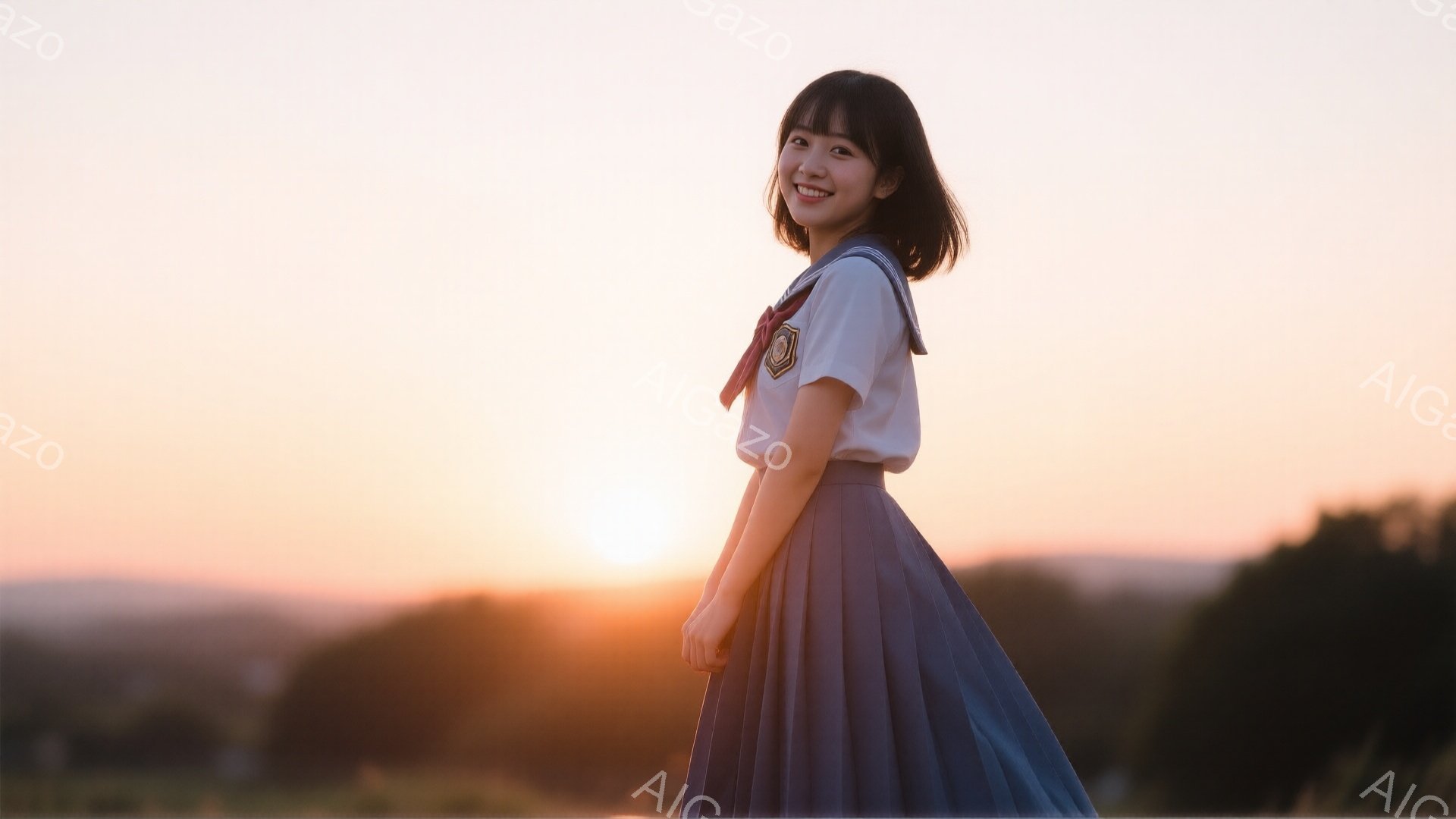 制服を着た若い女性が、夕焼けを背景に少し横を向いて立っている。彼女はショートボブの髪型で、微笑んでおり、紺色のプリーツスカートと白いブラウス、赤いリボンが特徴的なセーラー服を着ている。背景には緑豊かな丘陵地帯と、太陽が沈みゆくオレンジ色の空が広がり、全体的に温かく穏やかな雰囲気を醸し出している。