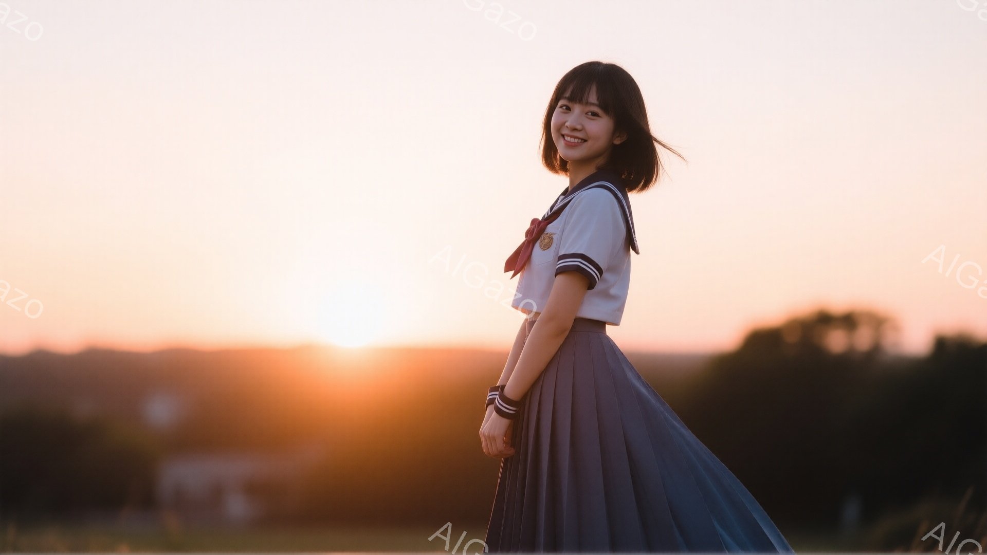 制服を着た若い女性が、夕焼けを背景に微笑んでいます。彼女は短いボブヘアで、紺色のプリーツスカートと白のブラウス、赤いリボンを締めています。背景には緑の丘陵地帯と、ぼんやりと見える建物があり、全体的に温かく、穏やかな雰囲気が漂っています。