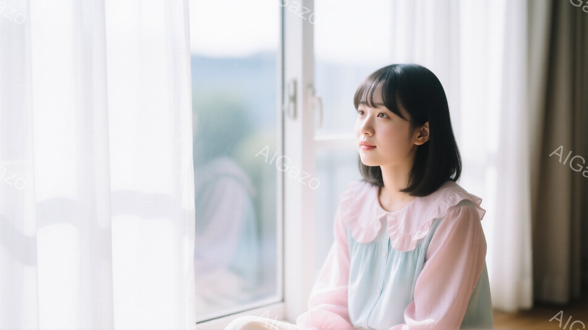 黒髪のボブヘアで、明るいブルーとピンクのパステルカラーのブラウスを着た若い女性が、窓の外を見つめています。彼女はやや物憂げな表情で、リラックスした姿勢で座っています。窓の外にはぼやけた景色が見え、全体 - AI生成フリー素材