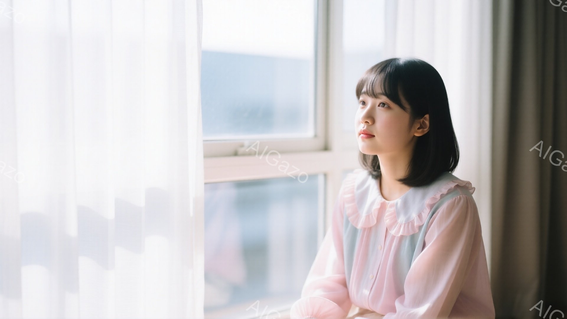 短い黒髪の女性が窓辺に座り、外を見つめている。ピンクと水色のストライプのブラウスを着ており、表情は穏やかで少し物憂げだ。窓の外にはぼやけた建物が見え、部屋全体が柔らかい光に包まれている。 - AI生成フリー素材