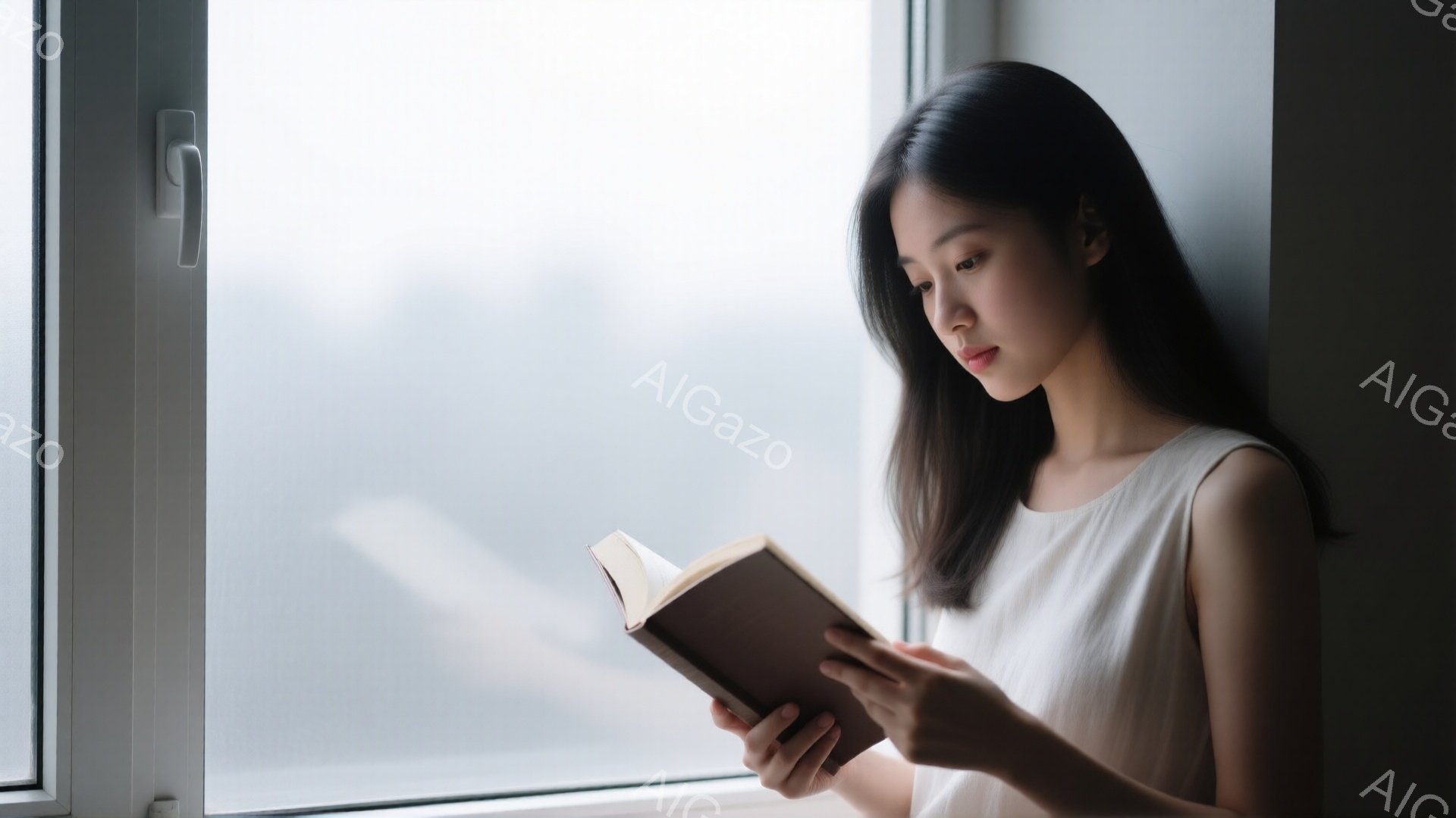 若い女性が窓辺で本を読んでいる。彼女は白いタンクトップを着ており、長い黒髪は自然に肩にかかっている。背景はぼやけた都市の風景で、日差しが差し込み、全体的に穏やかで内省的な雰囲気を醸し出している。