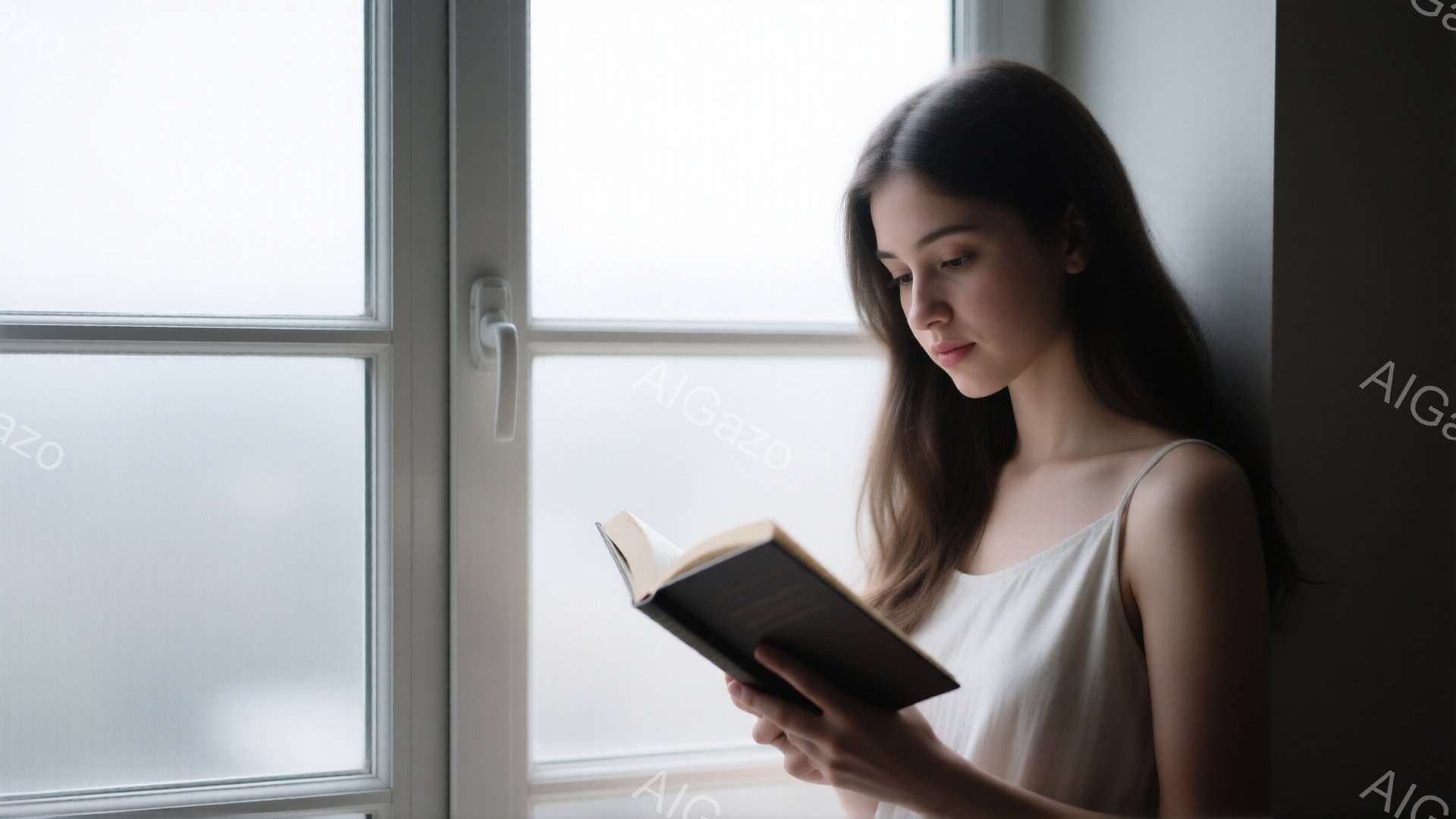 長い茶色の髪を無造作に垂らした若い女性が、窓辺で本を読んでいます。白いキャミソールを着ており、集中した表情で下を見つめています。背景はぼやけた窓と壁で、柔らかく落ち着いた雰囲気です。