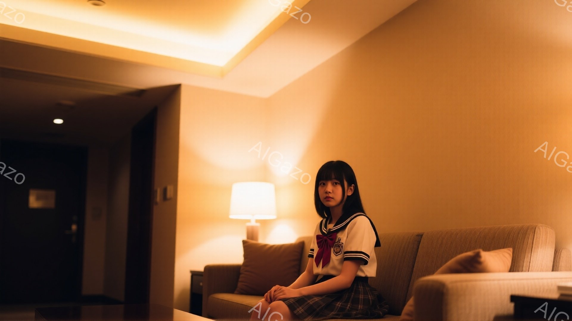 明るい茶髪のロングヘアの女性が、チェック柄のスカートとセーラーカラーのシャツを着て、ベージュ色のソファに座っています。彼女は少し憂いのある表情で、まっすぐ前を見ています。背景は暖かい色の照明が灯ったリ - AI生成フリー素材