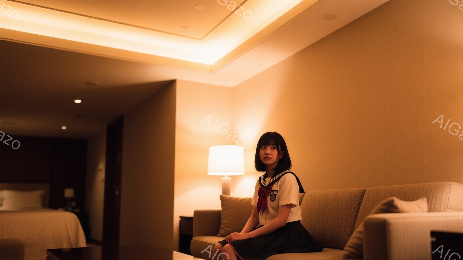 画像には、ベージュ色のソファに座っている若い女性が写っています。彼女は紺色のリボンとブレザー、白いシャツ、膝丈のスカートという制服を着ており、黒髪で前髪を伸ばしたヘアスタイルをしています。彼女はわずか - AI生成フリー素材