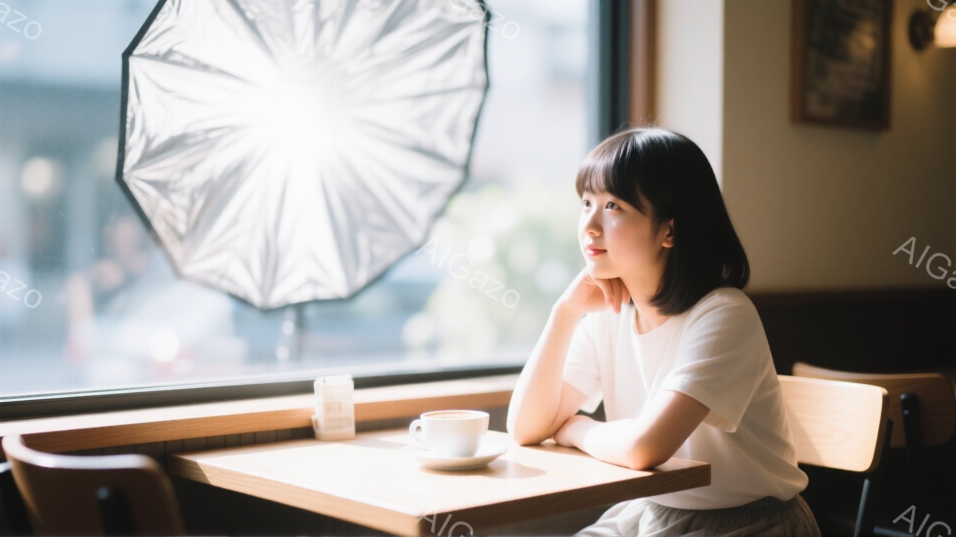 画像には、窓際のカフェでポーズをとる若い女性が写っています。彼女は白いTシャツとグレーのスカートを着ており、短めの黒髪をしています。彼女は肘をつき、窓の外を物思いに見ており、リラックスした雰囲気が漂っ - AI生成フリー素材