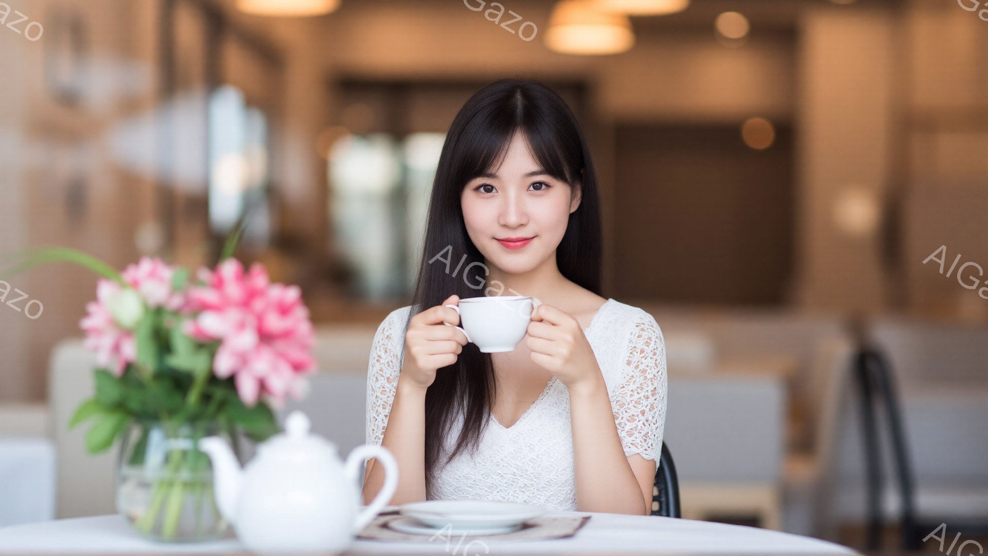 白いレースのブラウスを着た女性が、微笑みながら白いカップを両手で持っています。彼女はストレートの黒髪で、背景には花瓶に入ったピンクの花が飾られています。明るく柔らかな光が差し込み、カフェやレストランのような穏やかで心地よい雰囲気が漂っています。