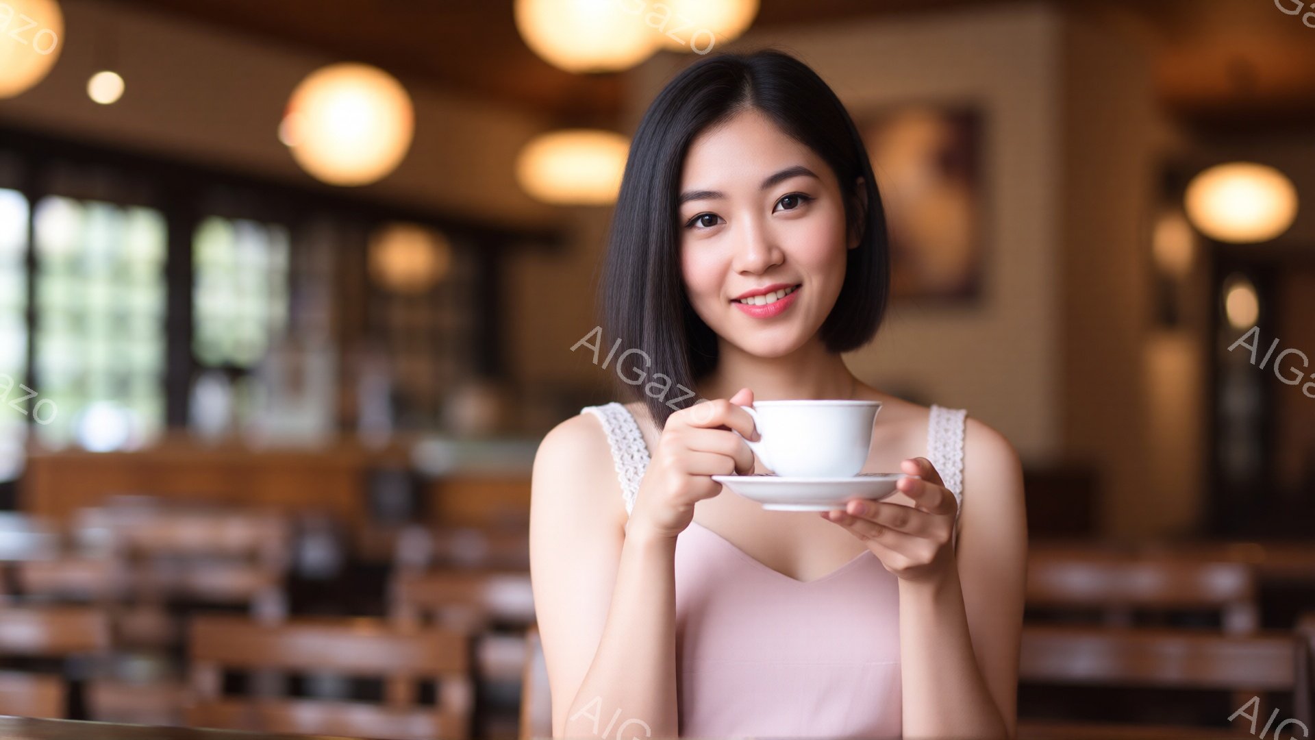 彼女は肩出しの薄いピンク色のトップスを着て、微笑んでいます。彼女は両手で白いカップを持って、カメラの方を見ています。背景には、ぼやけたテーブルと椅子、そして暖かい色の照明がある、居心地の良いカフェのような空間が広がっています。