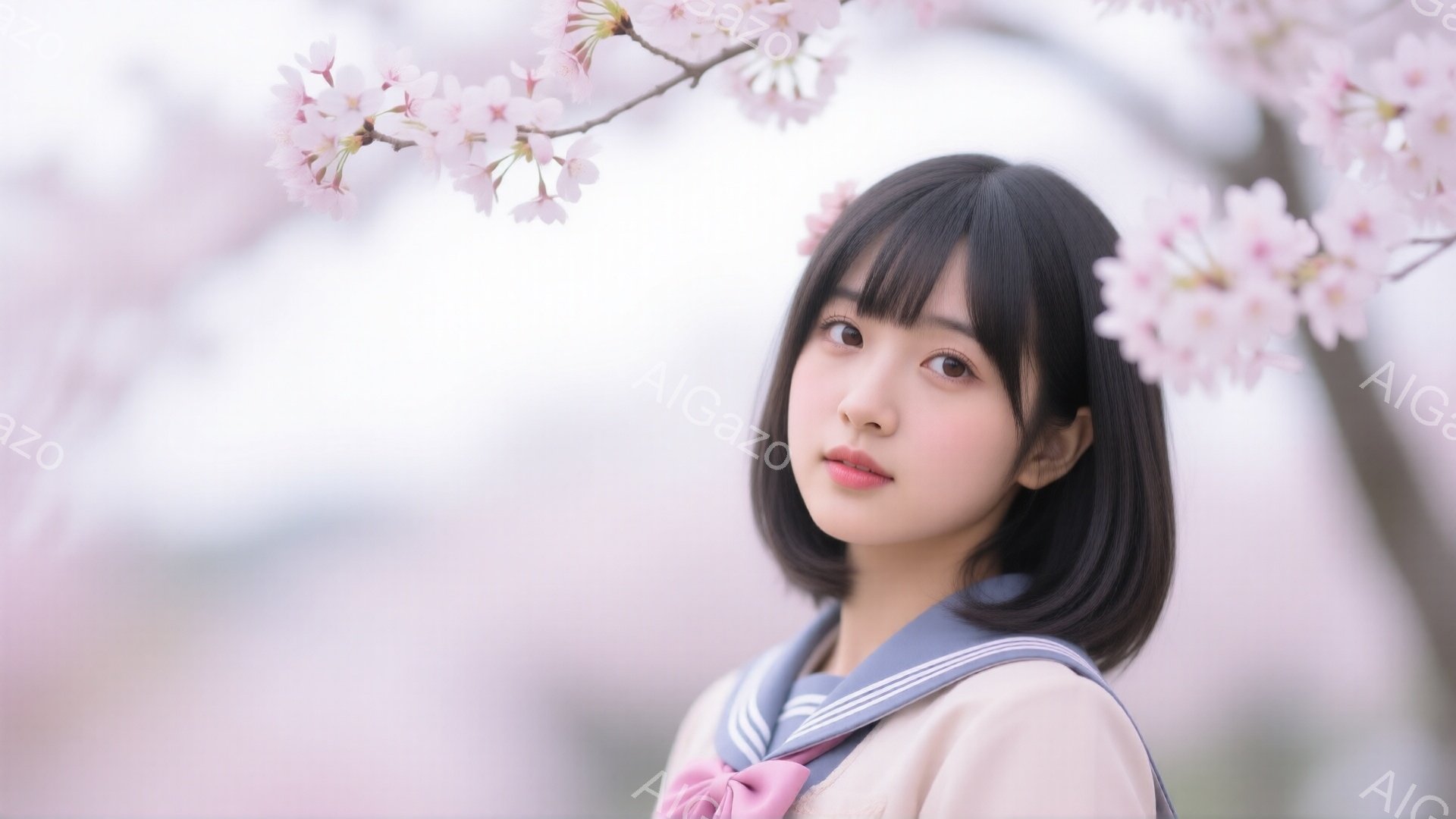 ショートカットの黒髪で、前髪は眉毛にかかるくらいに切り揃えられた若い女性が写っている。彼女はクリーム色のセーラー服にブルーのラインが入っており、首元にはピンクのリボンが結ばれている。背景には桜の花が咲 - AI生成フリー素材