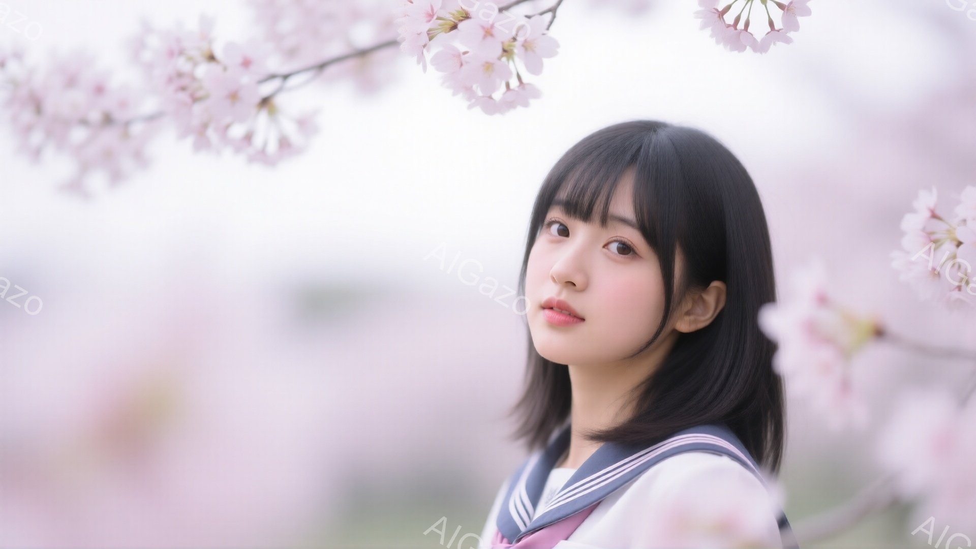 黒髪の少女が、薄ピンク色の制服を着て、桜の花を背景に立っている。彼女は少し微笑んでおり、優しげな表情をしている。背景には、ぼやけた桜の木々と、柔らかい光が広がり、春の穏やかな雰囲気を醸し出している。 - AI生成フリー素材