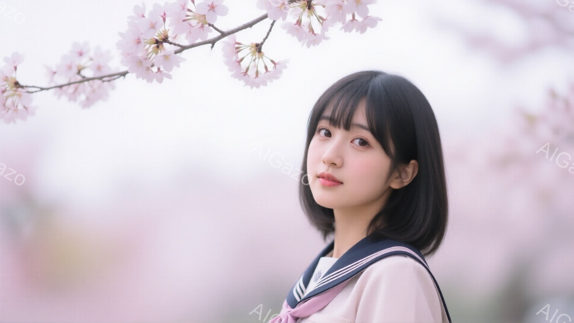 ショートヘアの黒髪の女性が、薄いピンク色の制服を着てこちらを見つめています。彼女はわずかに微笑んでおり、背景には桜の花が咲き乱れ、春の穏やかな雰囲気を醸し出しています。ぼかしの効いた背景と柔らかな光が - AI生成フリー素材