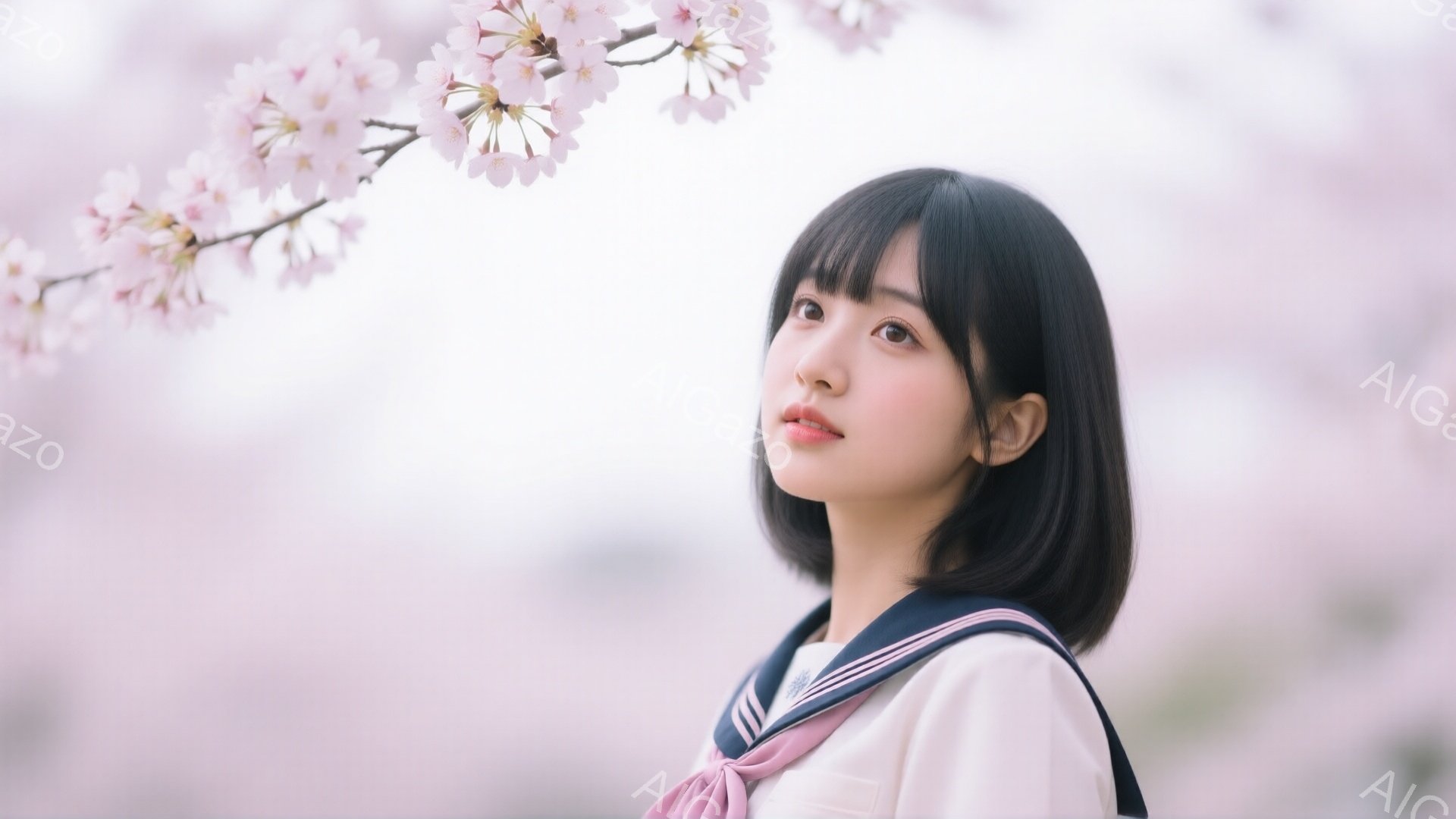 黒髪のボブカットの女性が、制服姿でこちらを見つめています。彼女はピンク色の優しい背景の桜並木の下に立っており、穏やかで少し寂しげな表情をしています。全体的に柔らかい光が差し込み、春の訪れを感じさせる、淡くノスタルジックな雰囲気です。