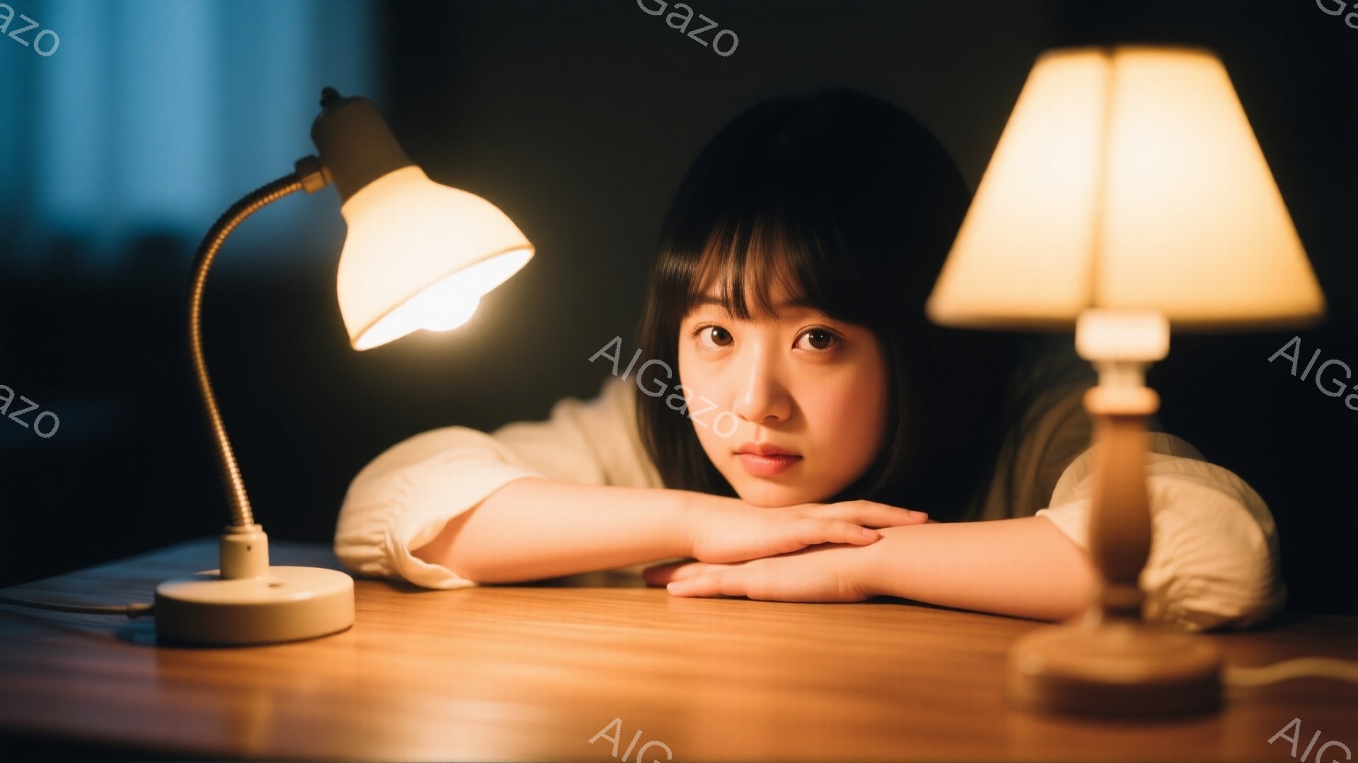 明るい照明の下、前髪を少し流した女性がテーブルに肘をついて顎を支え、少し憂いを帯びた表情で正面を見つめている。彼女は白いシャツを着ており、背景は暗くぼやけているが、木製のテーブルが暖かさを添えている。 全体的に、内省的で静かな雰囲気が漂っている。