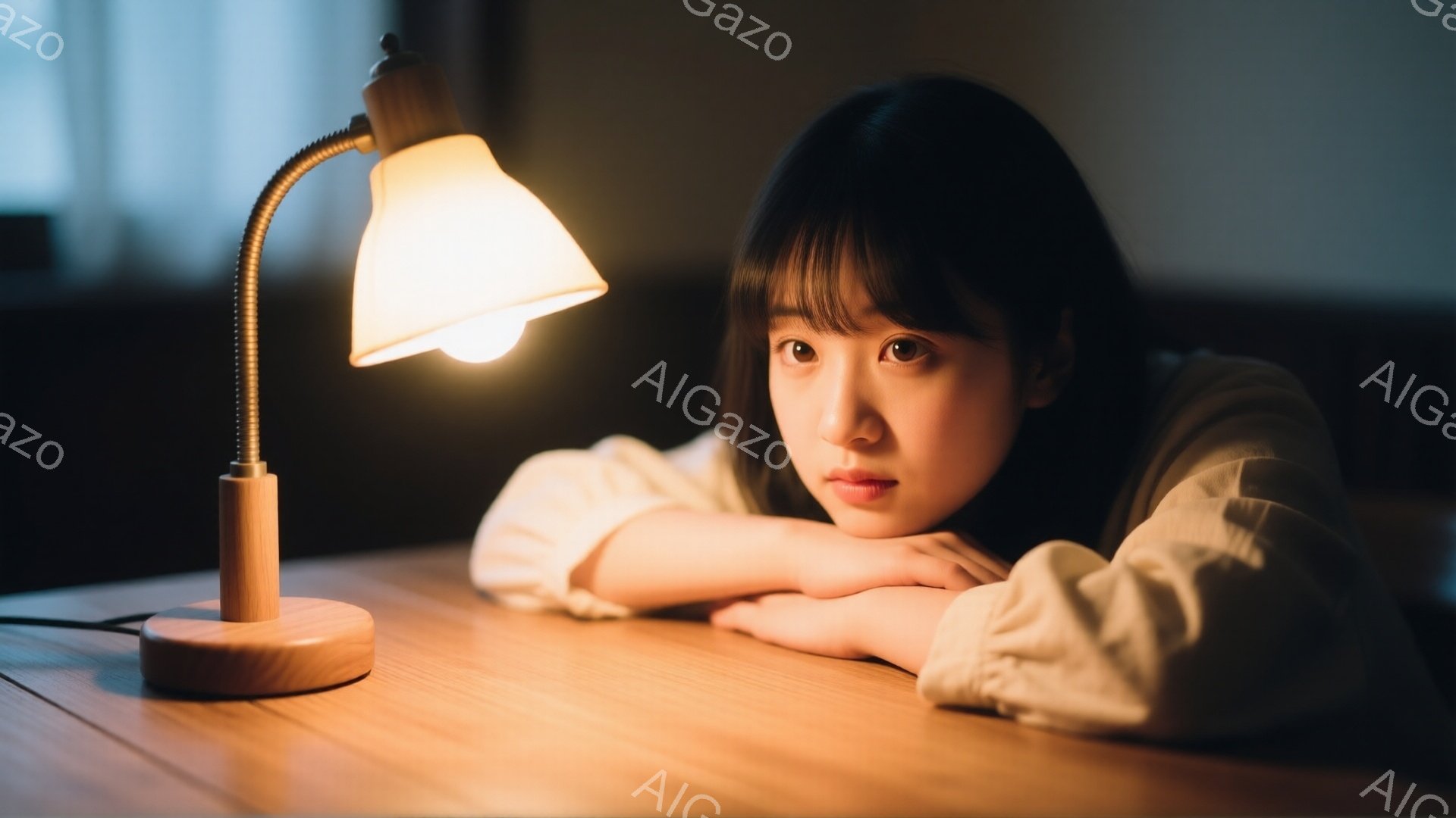 濃い髪の女性がテーブルに肘をつき、顎を支えて物憂げな表情で正面を見つめている。白いブラウスを着ており、少しカールした前髪が特徴的だ。背景は暗く、暖色のデスクライトが彼女の顔を照らし出し、静かで内省的な雰囲気を醸し出している。