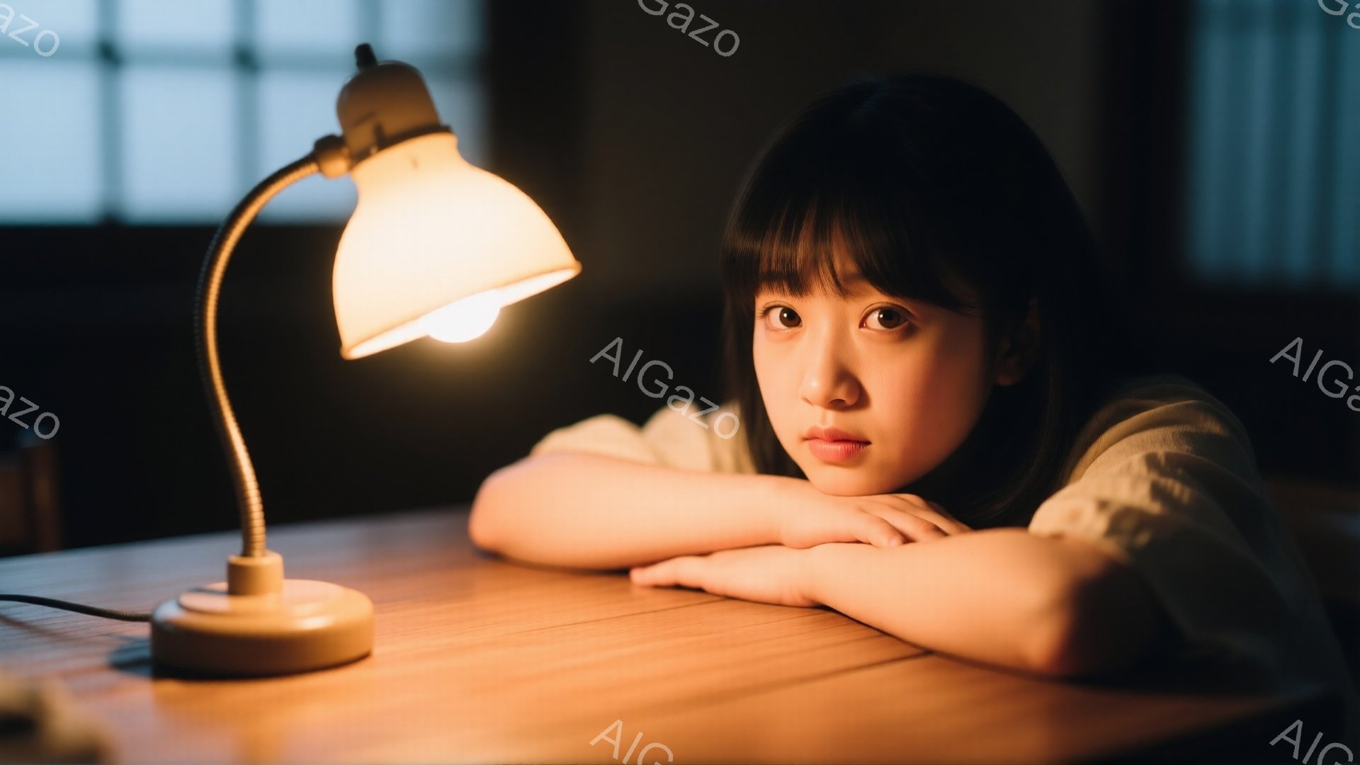 茶髪の少女が机に肘をついてうつむき加減に座っており、やや疲れた表情を浮かべている。彼女は白いセーターのような服を着ており、前髪を伸ばしたヘアスタイルをしている。背景は薄暗く、窓から光が差し込んでいるが、全体的に静かで内省的な雰囲気が漂っている。