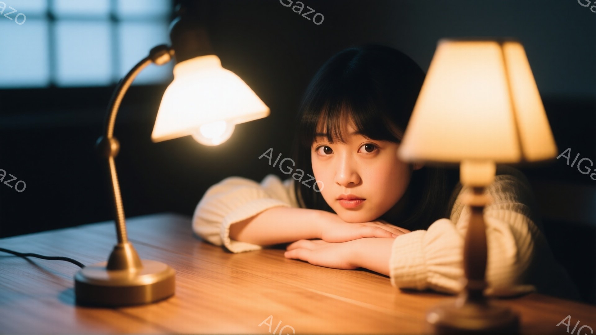 明るい髪の女性が木製のテーブルに肘をついて座っており、やや疲れた表情をしています。彼女は白いセーターを着ており、前髪を分けています。背景にはぼやけた窓と、テーブルの横に置かれた2つのアンティーク調のランプが見え、落ち着いた暖かく、少し物憂げな雰囲気が漂っています。