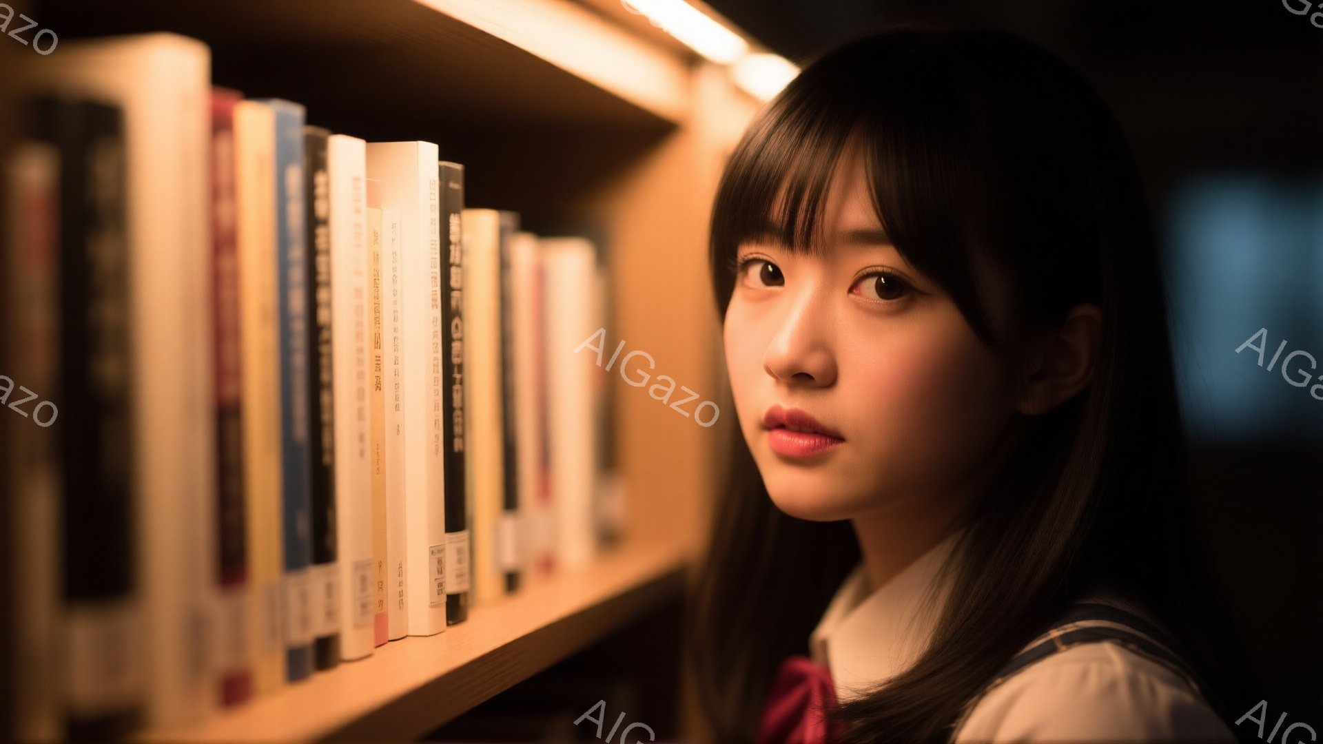 少女は図書館のような場所で、たくさんの本が並んだ棚の前に立っている。彼女は紺色のリボンと白いブラウスが特徴の制服を着ており、つややかな黒髪を肩の長さで切り揃えている。その表情はやや憂いを帯びており、カメラを見つめる視線はどこか寂しげだ。