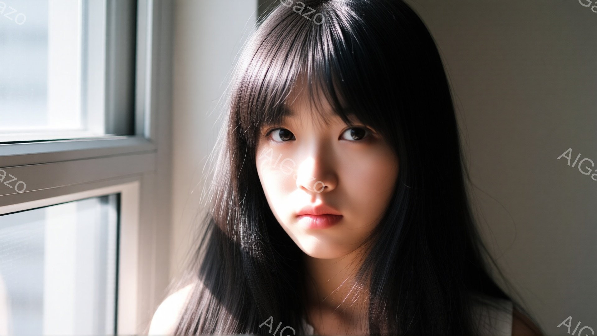 長い黒髪で、前髪は少し斜めに流し、自然なウェーブがかかっています。顔色は白く、口元は少し引き締まっており、落ち着いた表情をしています。背景は窓枠の一部が見え、光が差し込んでいることから、屋内であることがわかります。