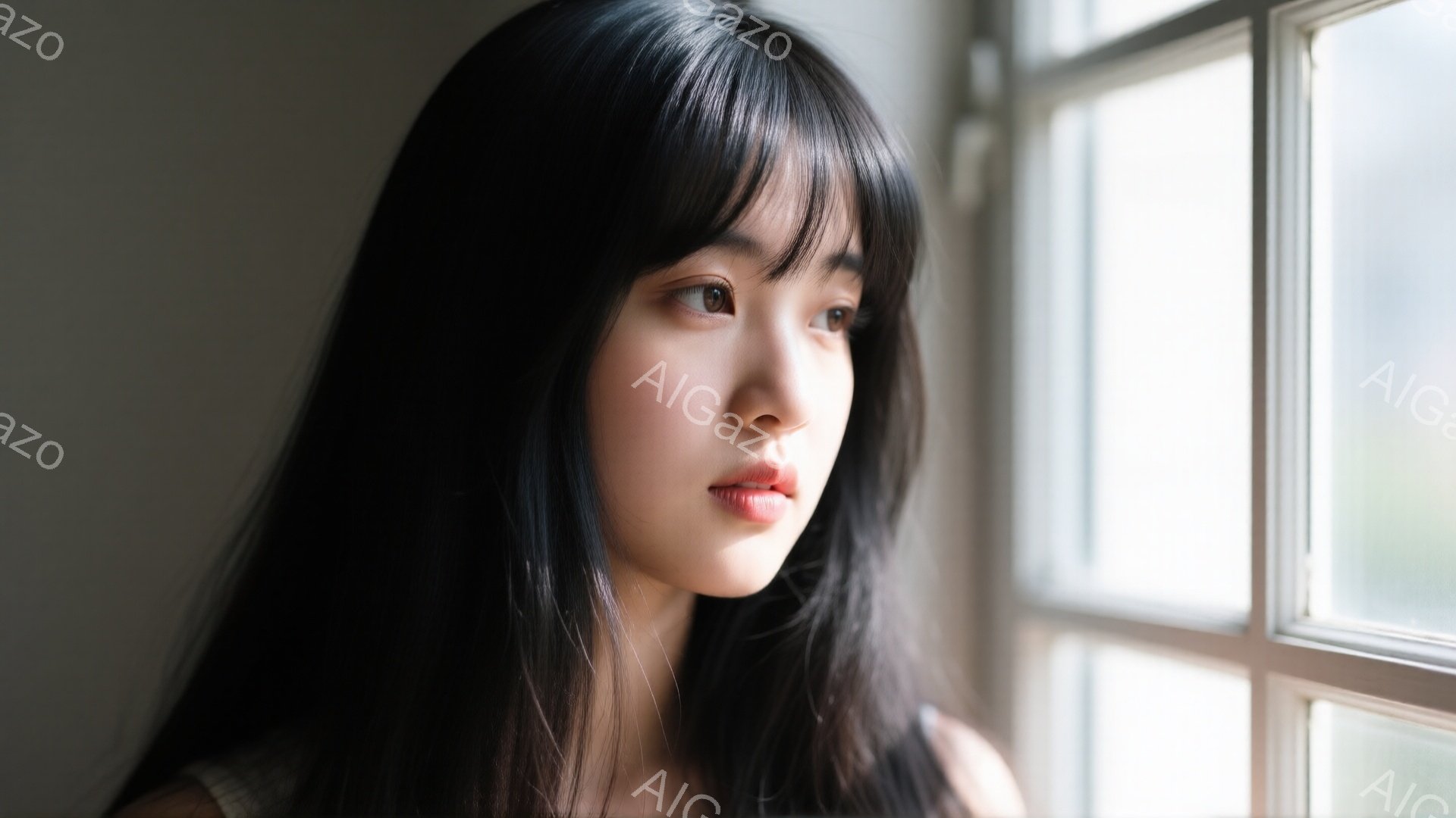 長い黒髪の女性が窓辺に立っており、少し考え込んでいるような表情をしている。オフショルダーのトップスを着ており、髪はストレートで肩にかかっている。背景は白く、窓枠がはっきりと見え、全体的に穏やかで内省的 - AI生成フリー素材