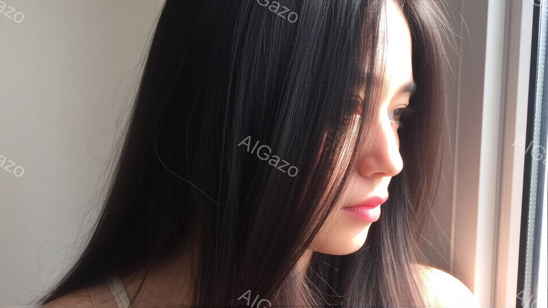 長い黒髪を肩から背中にかけて垂らした女性が、横顔で写っている。彼女は薄い色の肩出しの服を着ており、表情は穏やかでどこか物憂げである。窓からの強い光が彼女の顔の一部を照らし出し、影と光のコントラストが印象的だ。