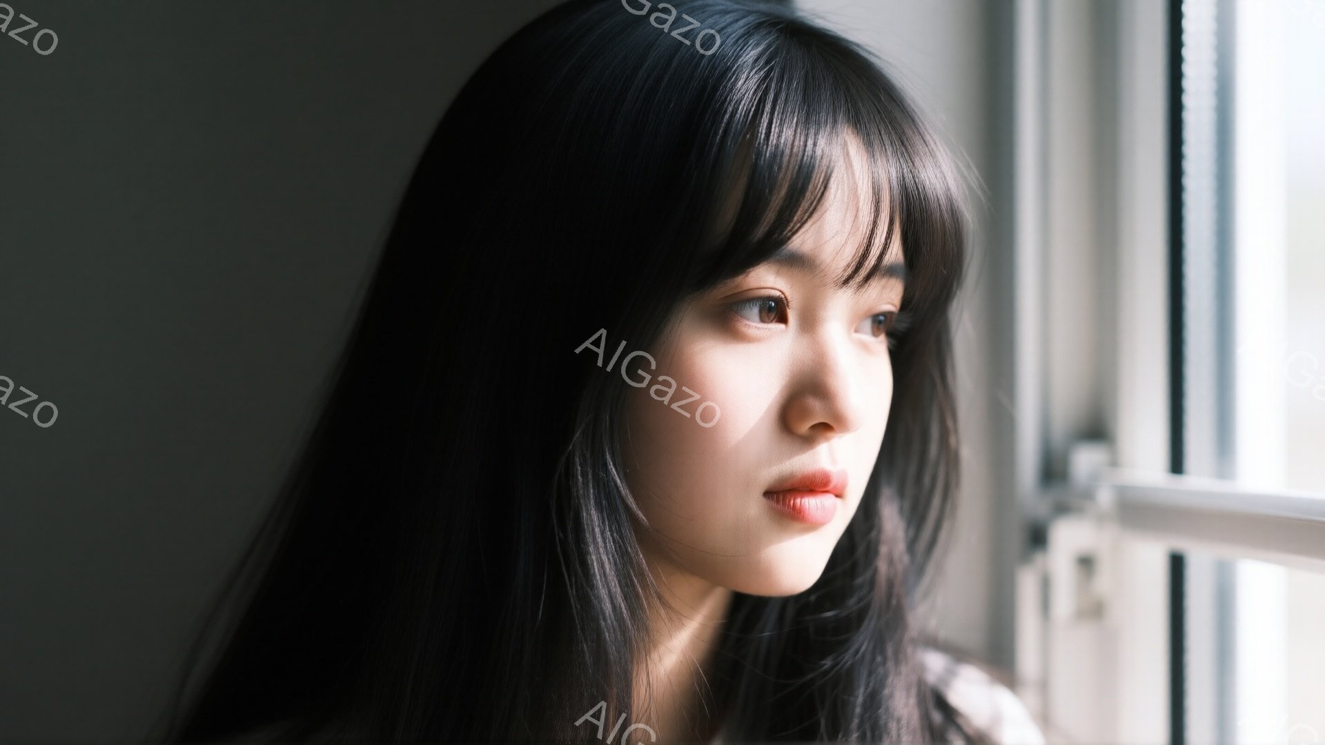 長い黒髪の女性が窓の外を見つめている。彼女は薄い色の服を着ており、憂いのある表情を浮かべている。窓の外はぼやけており、光が差し込み、静かで内省的な雰囲気を醸し出している。 - AI生成フリー素材