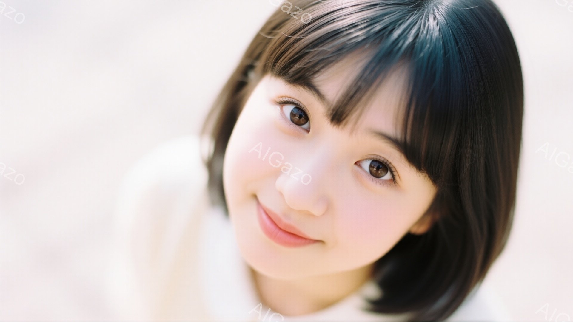 ショートカットの黒髪で、前髪が目に少しかかる可愛らしい女性が写っています。白いニットのような服を着ており、穏やかな笑顔でカメラを見ています。背景は白っぽくぼやけており、人物に焦点が当てられています。 - AI生成フリー素材