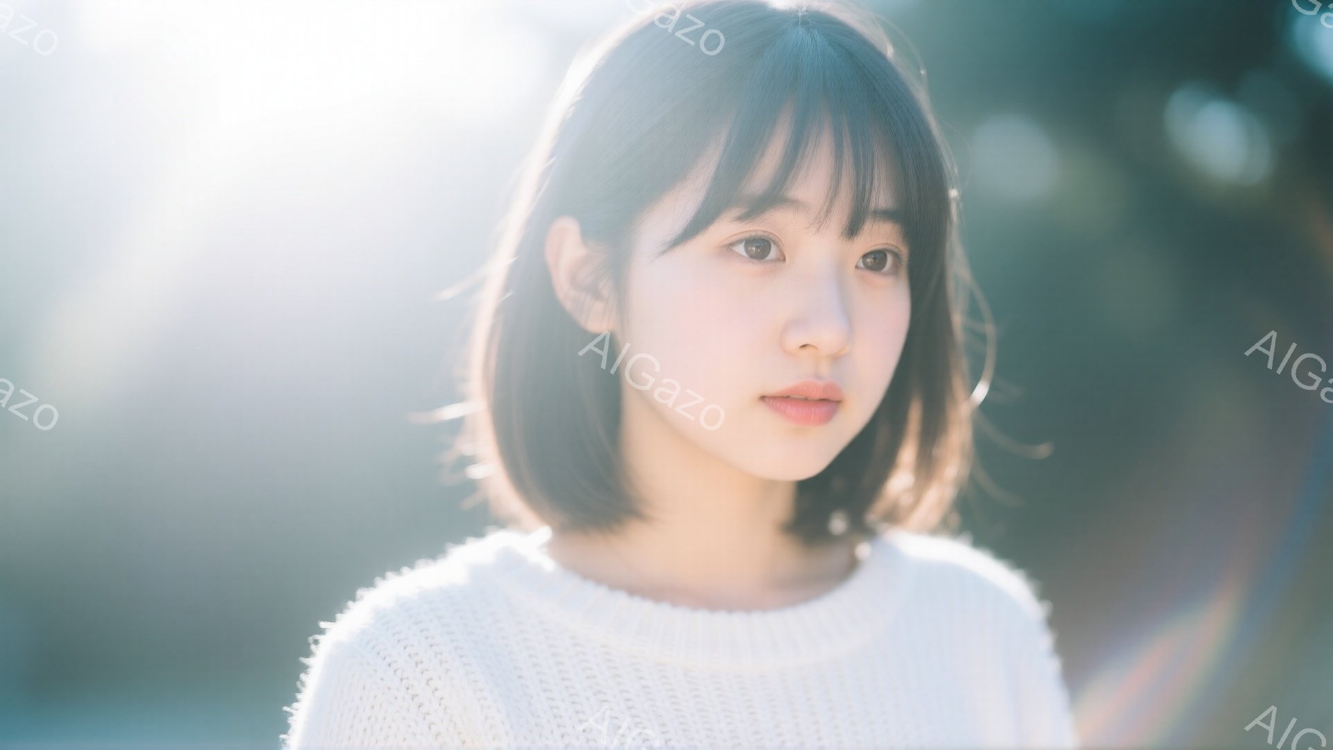 短い茶髪のヘアスタイルで、前髪が眉毛にかかるように切り揃えられた若い女性が写っている。白いセーターを着ており、表情は穏やかで、少し微笑んでいるように見える。背景はぼやけており、木々が見えることから自然 - AI生成フリー素材