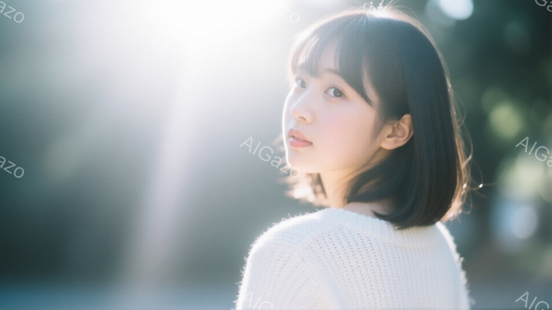 ショートカットの女性が、オフホワイトのセーターを着て、少し横を向いています。彼女の表情は穏やかで、少し微笑んでいるように見えます。背景は緑色でぼやけており、太陽光が差し込み、全体的に柔らかく暖かい雰囲 - AI生成フリー素材