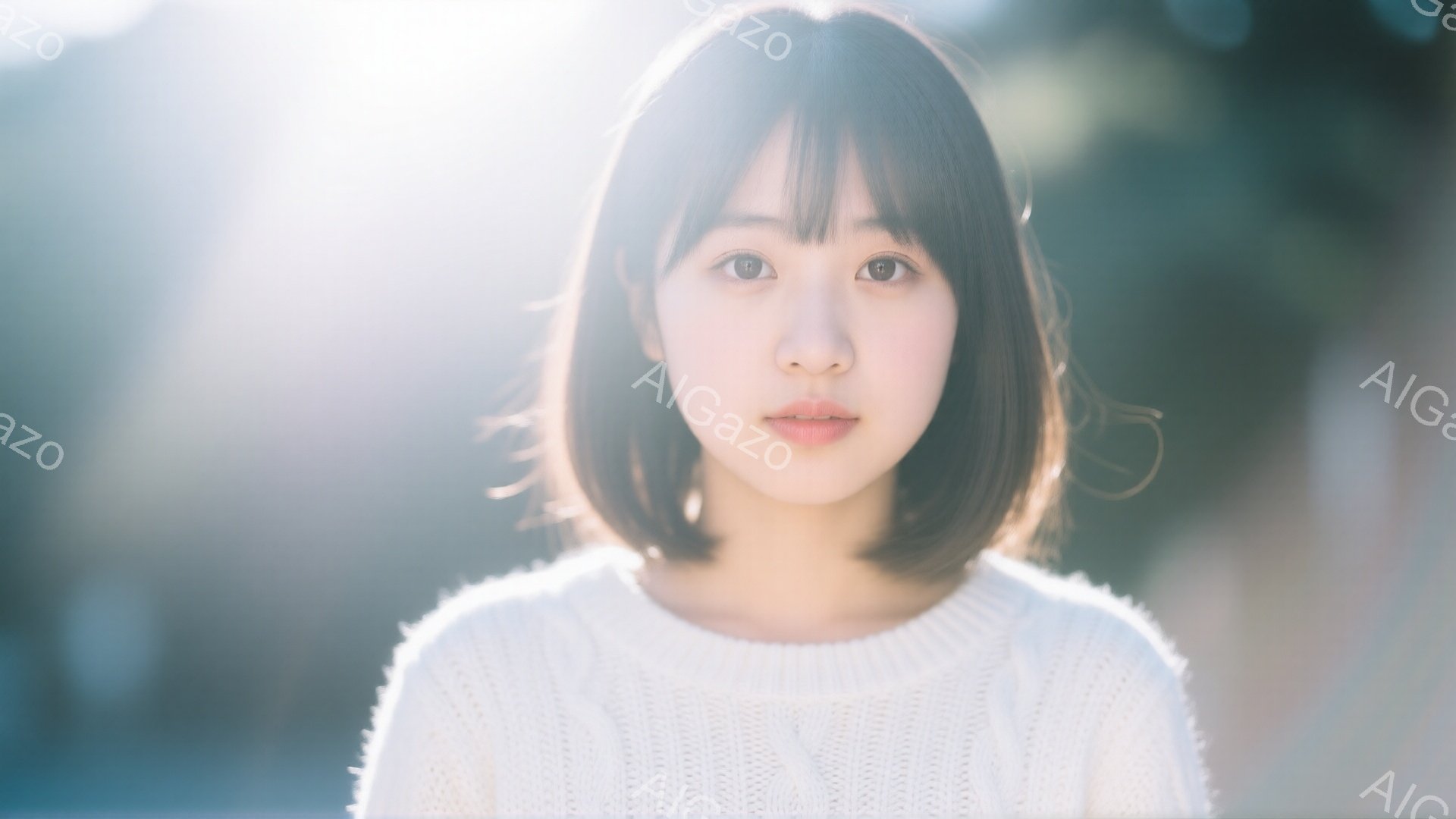 この女性は、オフホワイトのケーブルニットセーターを着て、前髪のあるショートボブヘアにしています。彼女はカメラに向かって穏やかな表情で、わずかに微笑んでいます。背景はぼやけており、柔らかい光が差し込み、 - AI生成フリー素材