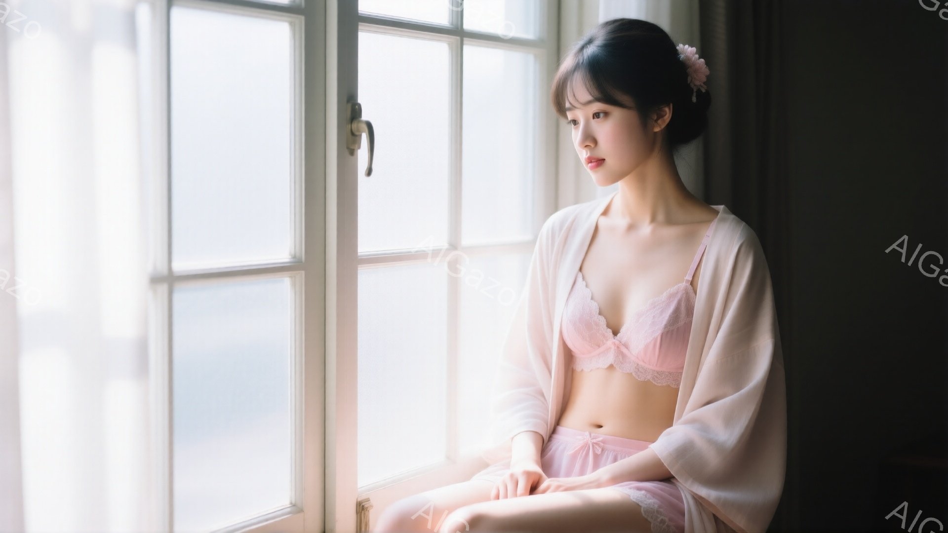 浅いピンク色のブラとショーツに、薄いピンク色のカーディガンを羽織った女性が窓際に座っています。髪は後ろでまとめられ、髪飾りをつけています。窓の外はぼやけた風景で、柔らかい光が室内に差し込み、穏やかで物憂げな雰囲気を醸し出しています。