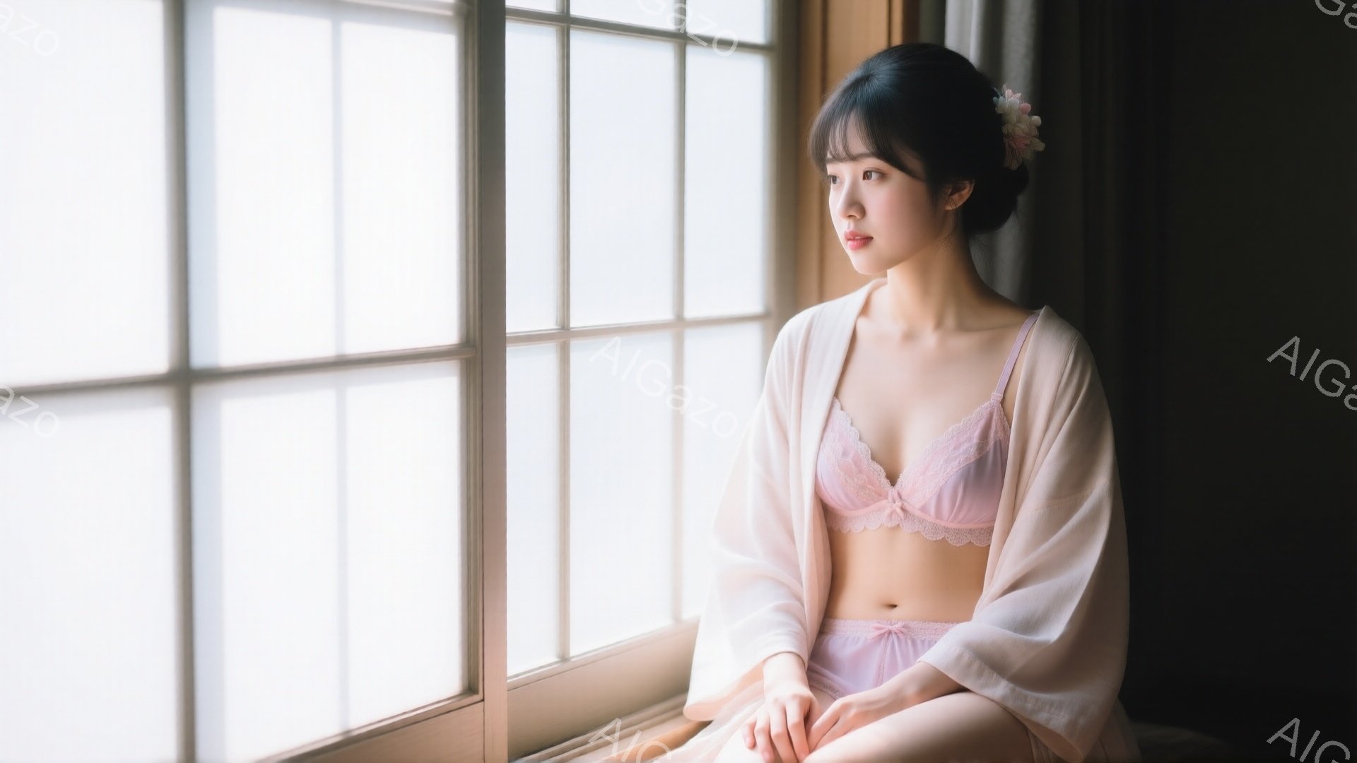 明るい窓辺に座る若い女性は、薄いピンク色のブラとショーツ、そして薄いピンク色のカーディガンを身につけている。髪は後ろでまとめられ、小さな花飾りをつけている。彼女は少し憂いを帯びた表情で、遠くを見つめている。