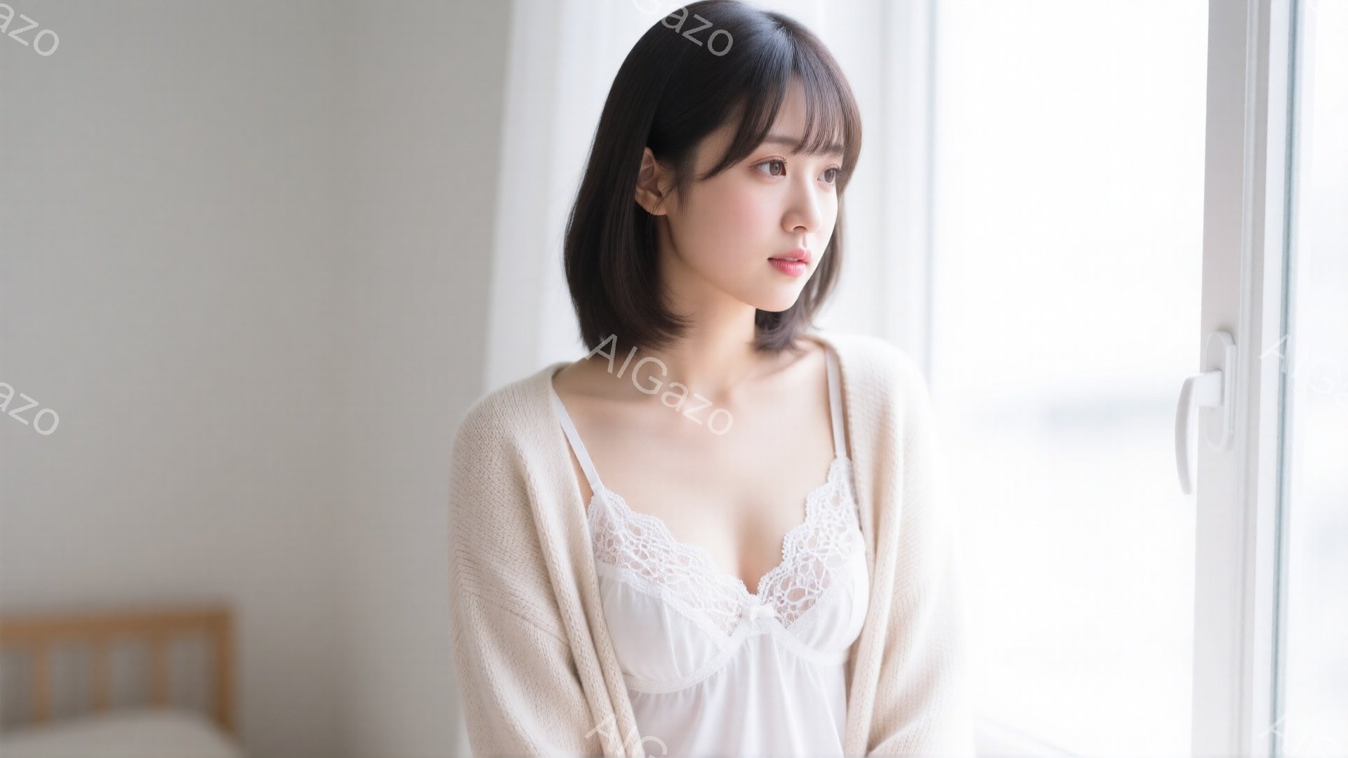 明るい窓辺に立つ女性は、オフホワイトのレースが美しいキャミソールに、淡いベージュのカーディガンを羽織っています。少し内側に入った前髪と、肩にかかる長さのブラウンヘアが上品な印象を与え、視線は少し外を見 - AI生成フリー素材