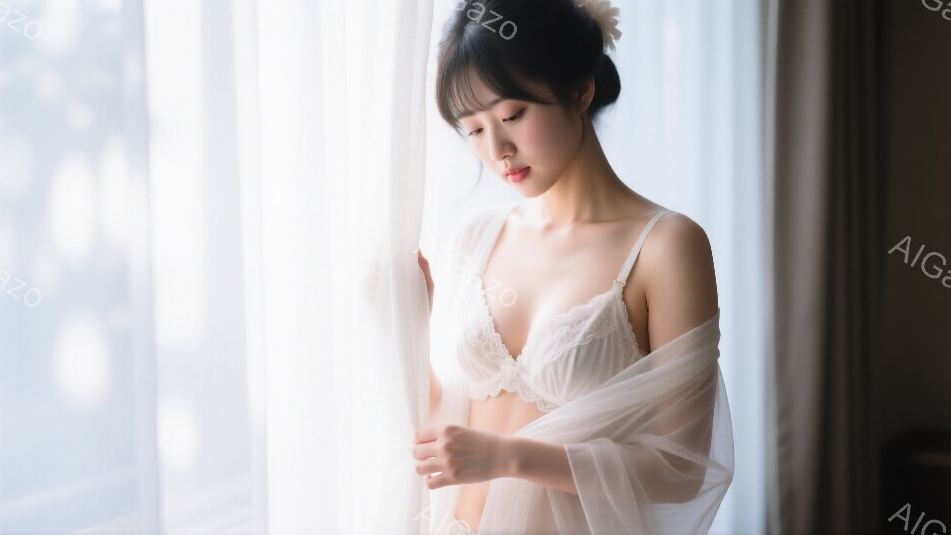 長い黒髪を後ろでまとめ、白いレースのブラレットと半透明の白いショールを身に着けた女性が描かれています。彼女は窓辺でショールを手に持ち、ややうつむき加減で物憂げな表情を浮かべています。背景にはぼやけた都 - AI生成フリー素材