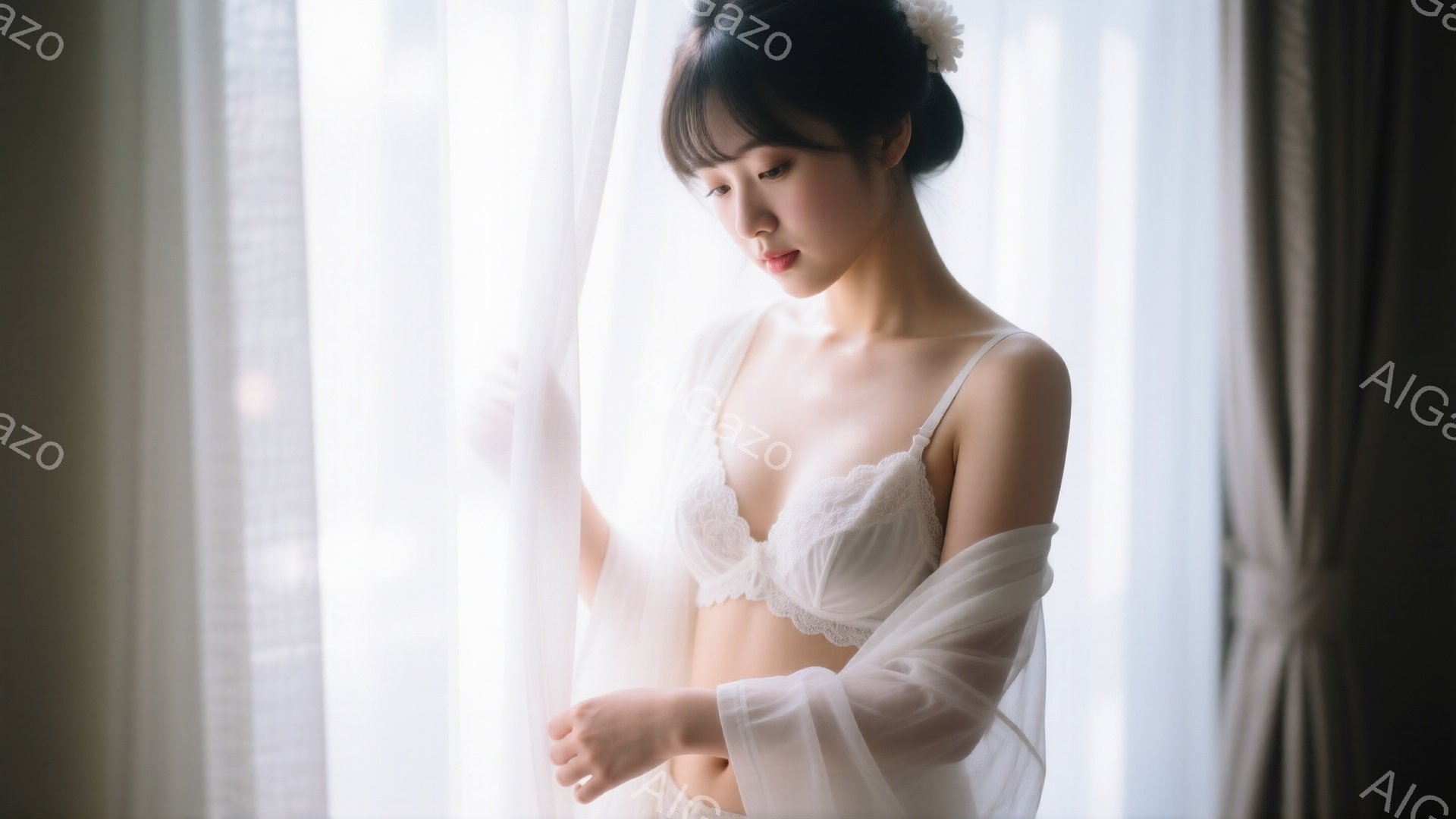 白いブラジャーとショーツ姿の若い女性が、半透明の白い布を羽織って立っている。彼女は黒髪を後ろでまとめ、少し微笑んでおり、物憂げな表情を見せている。背景には白くぼやけたカーテンと光が差し込み、全体的に柔 - AI生成フリー素材