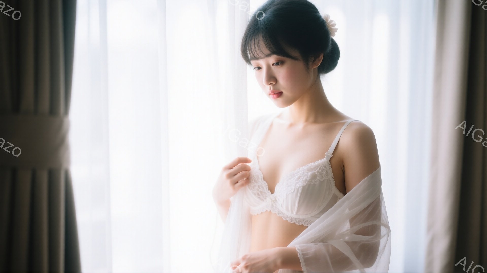 白いレースのブラレットとシアーなローブを身に着けた若い女性が描かれています。彼女は軽くローブを抱え、少し下を向いた控えめな表情をしています。背景は柔らかい光が差し込む窓辺で、落ち着いたベージュのカーテンが映り、全体的に繊細で夢幻的な雰囲気を醸し出しています。