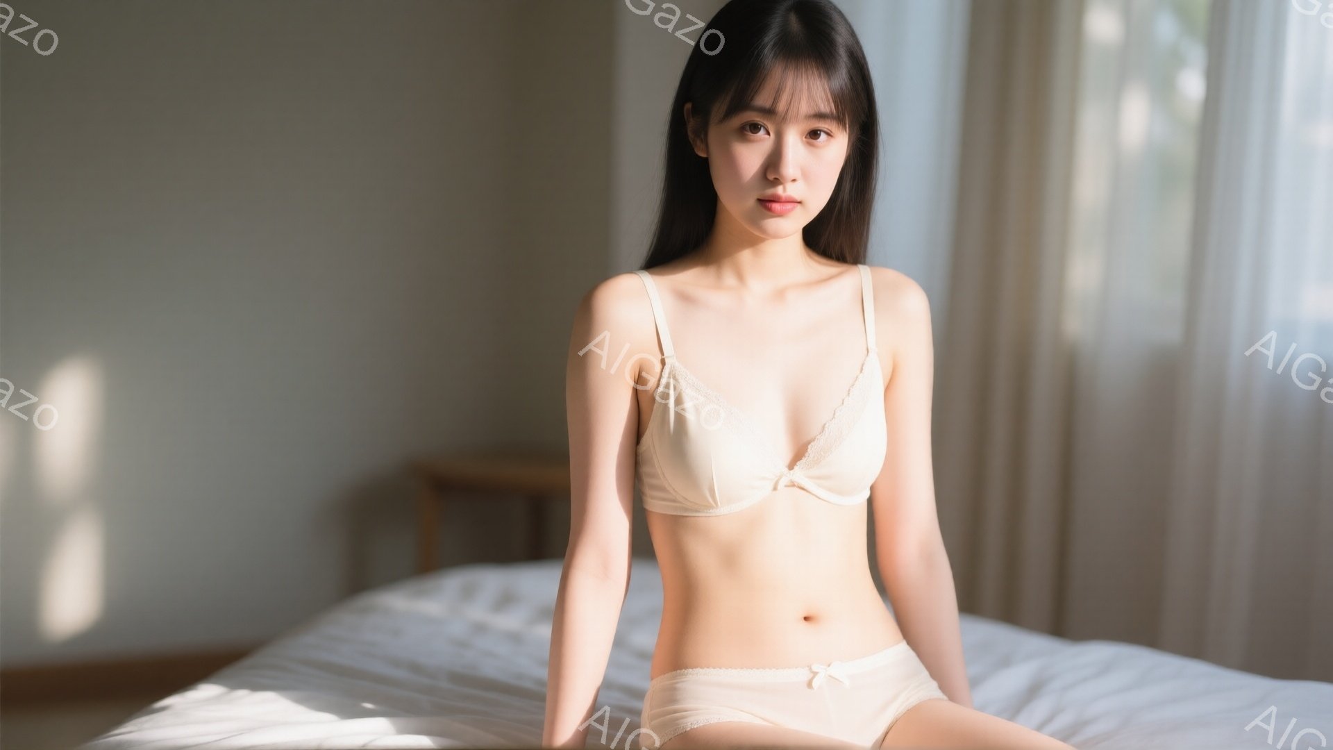 若い女性がベッドに座っており、ベージュ色のブラとショーツを着用しています。彼女は肩までの長さの黒髪で、穏やかな表情をしています。背景は明るい室内で、窓から差し込む光が彼女を照らしています。 - AI生成フリー素材