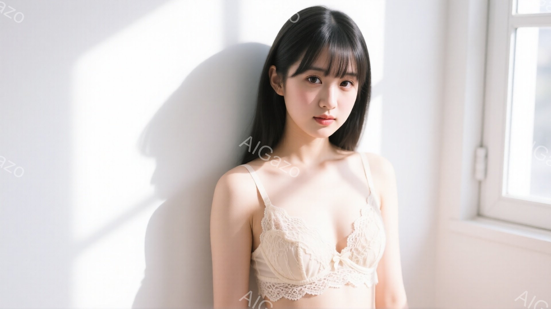 長い黒髪をセンターパートにした若い女性が、クリーム色のレースのブラレットのみを身につけて立っています。彼女は窓のそばで、少し微笑みを浮かべた穏やかな表情でカメラを見ています。背景は白い壁で、柔らかい光 - AI生成フリー素材