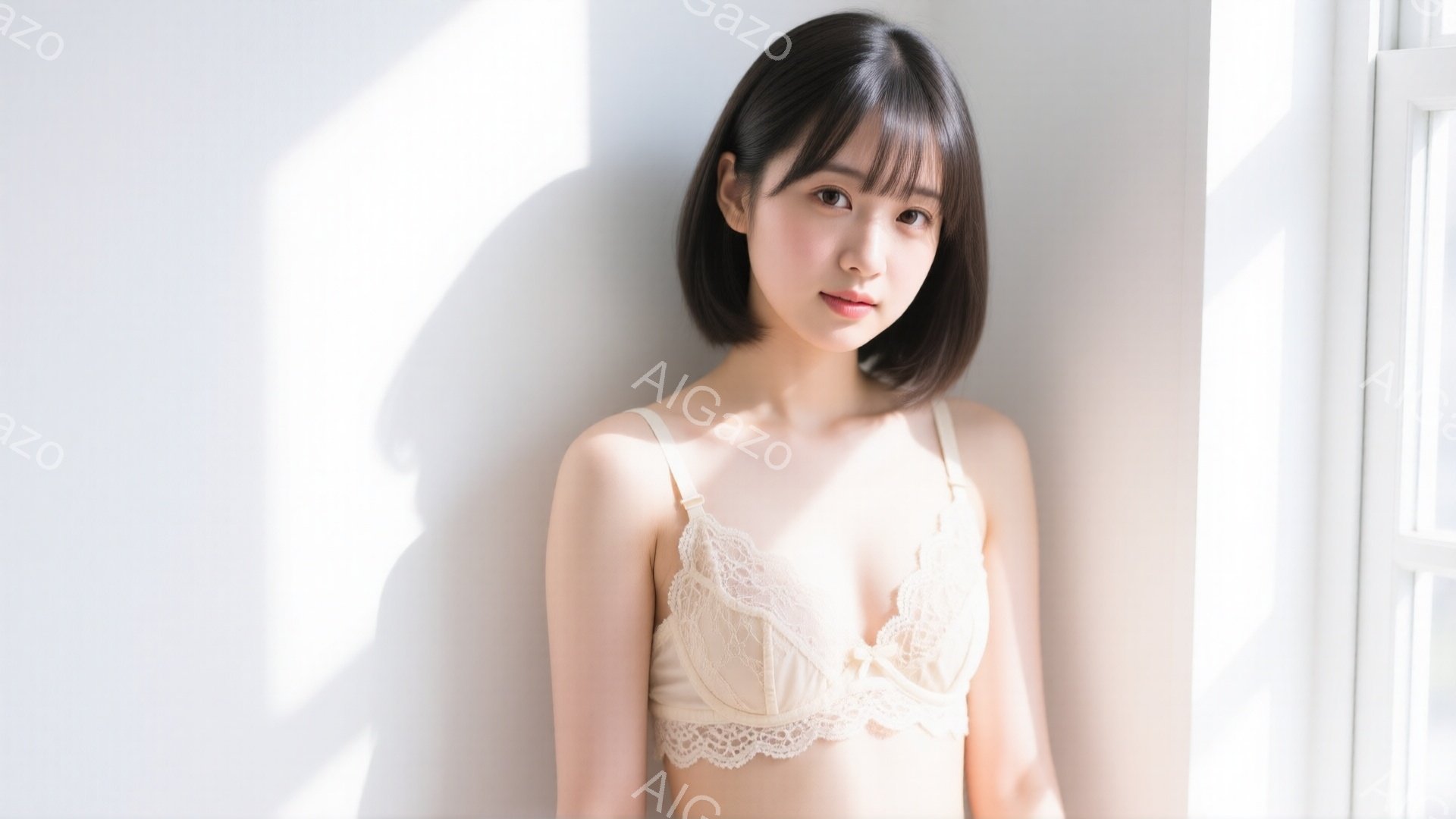 明るい光が差し込む室内で、ベージュ色のレースブラレットを着た若い女性が立っています。彼女は黒髪のショートボブで、穏やかな微笑みを浮かべてカメラを見ています。背景は白壁で、窓枠の影が女性の体に落ち、柔らかい雰囲気を醸し出しています。