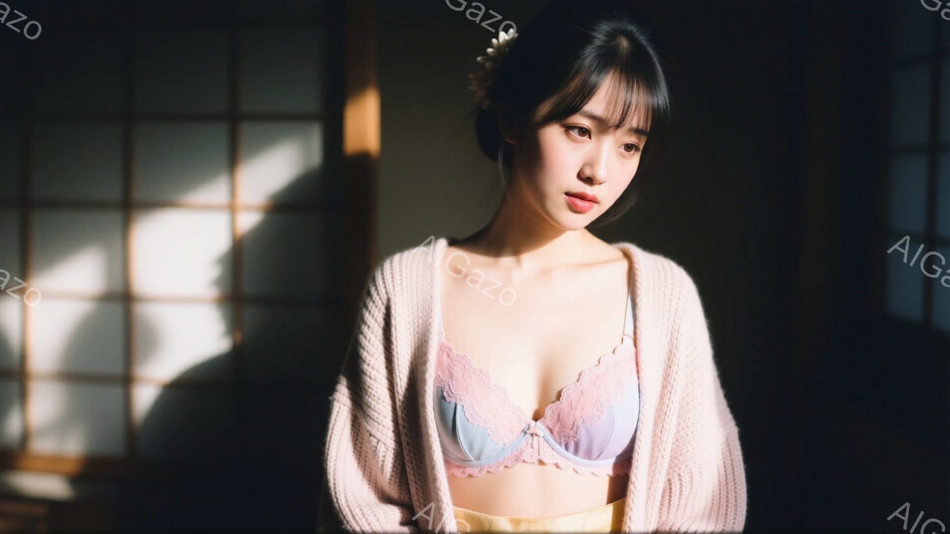 長い黒髪を耳にかける女性が、淡いピンク色のカーディガンと、薄い水色のレースのブラレット、そして黄色い下着を身に着けて立っている。彼女は少し憂いを帯びた表情で、視線を少し外している。背景には格子状の窓が - AI生成フリー素材