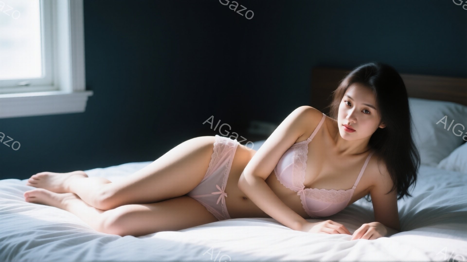 浅いピンク色のレースのブラとショーツを身につけた女性が、白いベッドの上で横たわっています。黒髪を肩まで伸ばし、わずかに微笑んだ表情でカメラを見つめています。背景は暗い青色の壁で、窓からの光が柔らかく差し込み、全体的に落ち着いた雰囲気を醸し出しています。