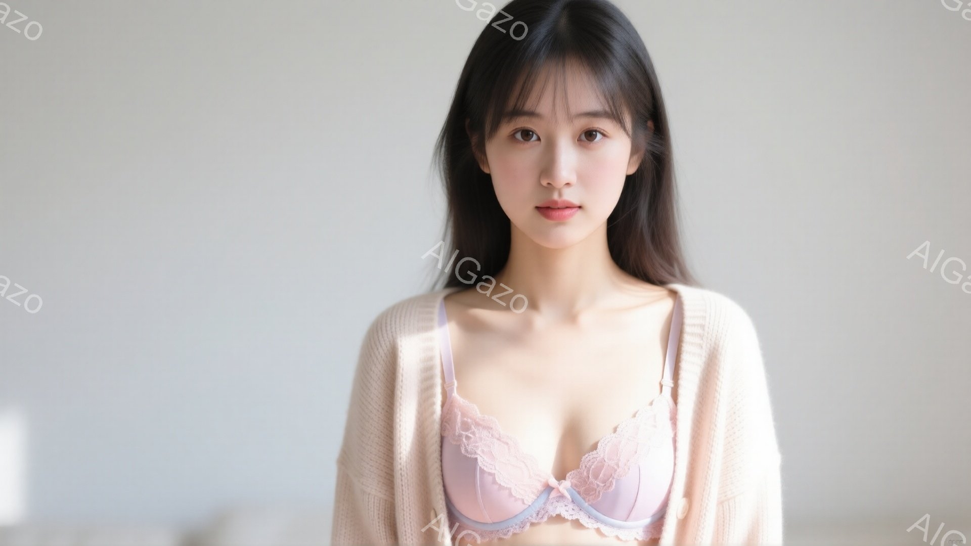 長い黒髪をセンターパートにした女性が、淡いピンク色のレースのブラと、薄いベージュのカーディガンを着ています。彼女は正面をまっすぐ見ており、少し微笑んだ穏やかな表情をしています。背景はぼやけており、室内 - AI生成フリー素材