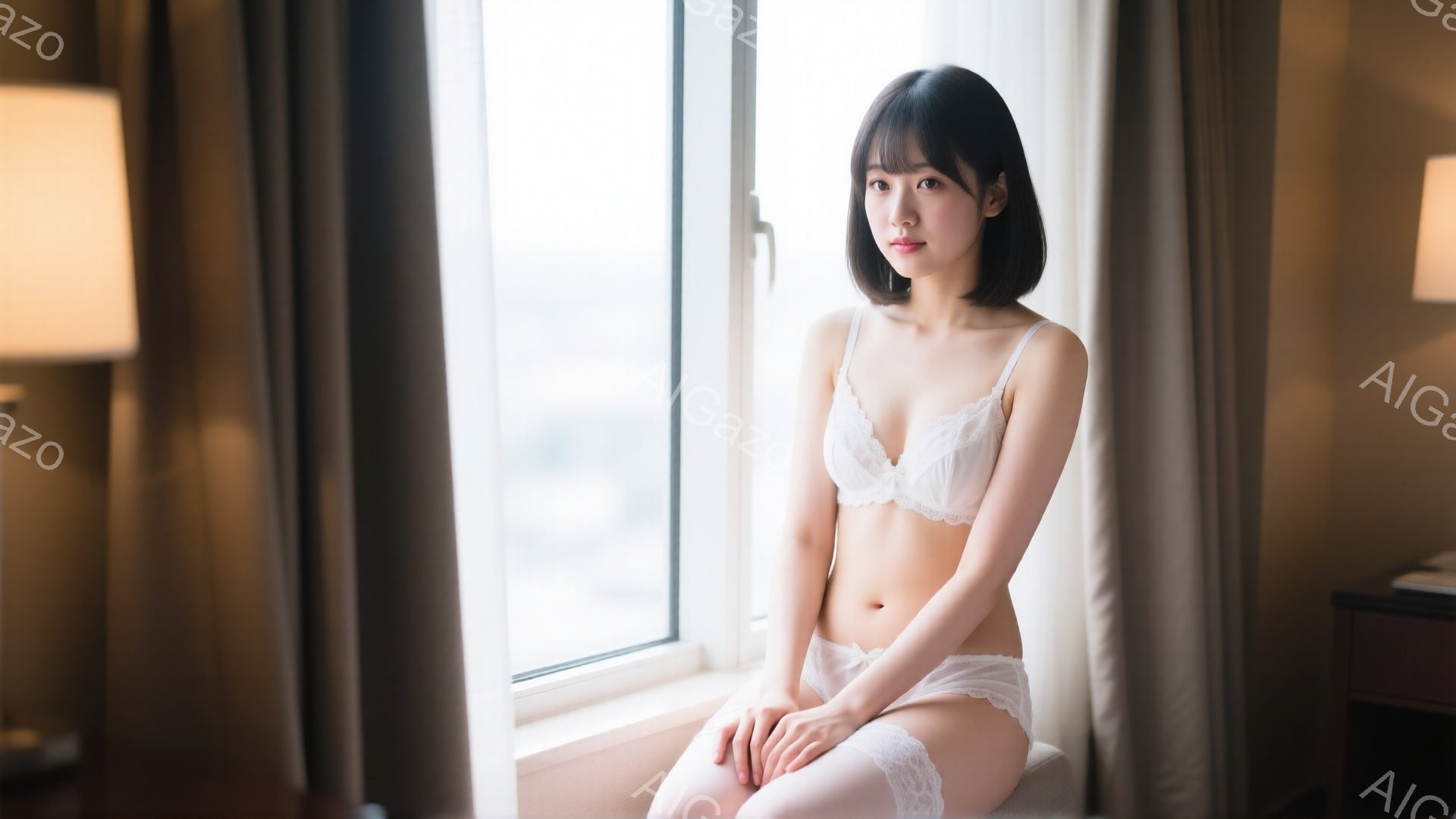 窓辺に座る若い女性は、白いレースのブラとショーツを身に着けており、膝を揃えて座っている。彼女は黒髪のショートボブで、やや控えめな表情をしている。背景には高層ビルが見え、柔らかい光が差し込み、全体的に柔 - AI生成フリー素材