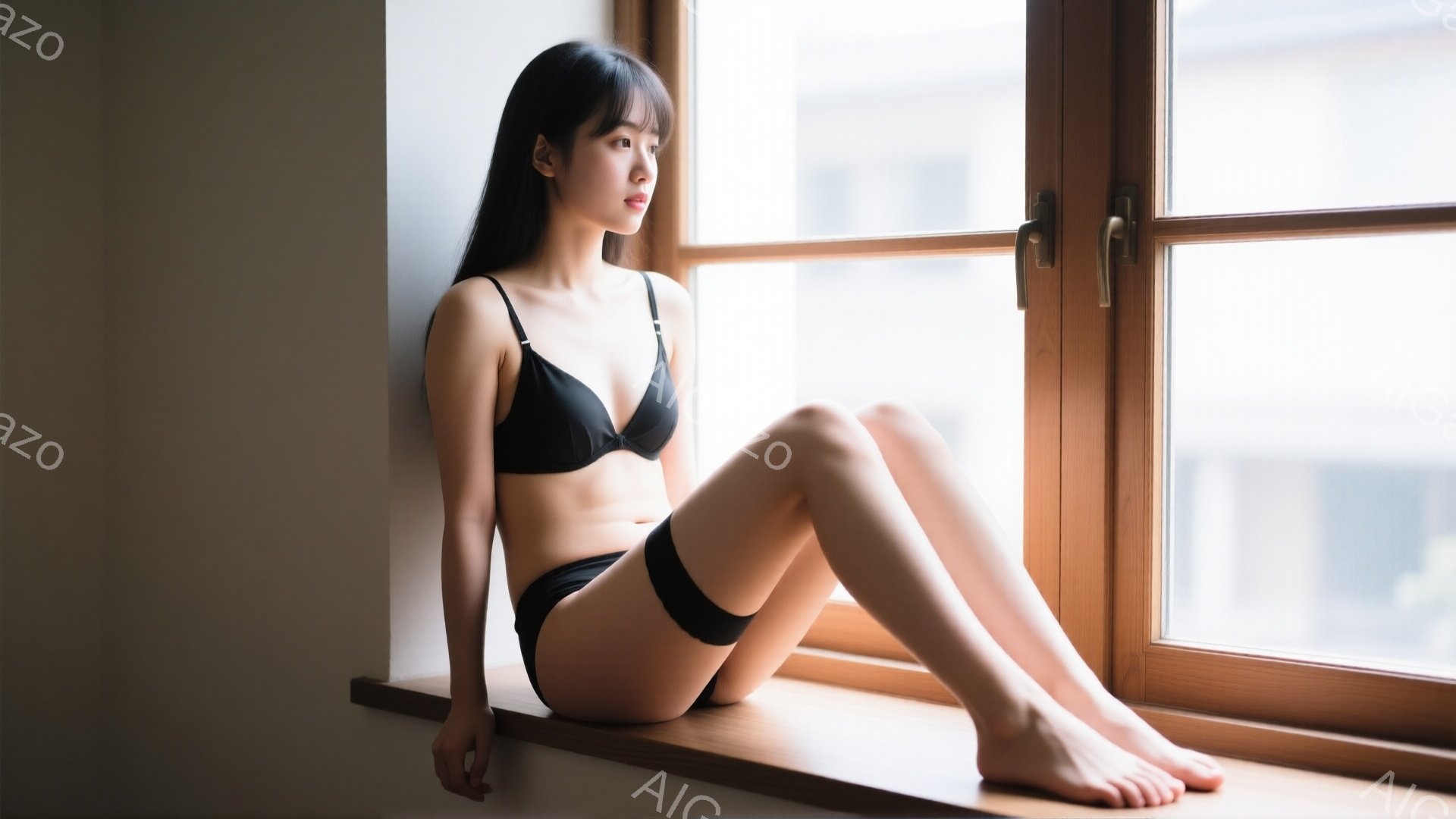 長い黒髪の女性が窓枠に座り、黒いランジェリーを身につけている。彼女は横を向いて、物憂げな表情で遠くを見つめている。背景にはぼやけた都市の景色が広がり、柔らかい光が差し込んでいる。